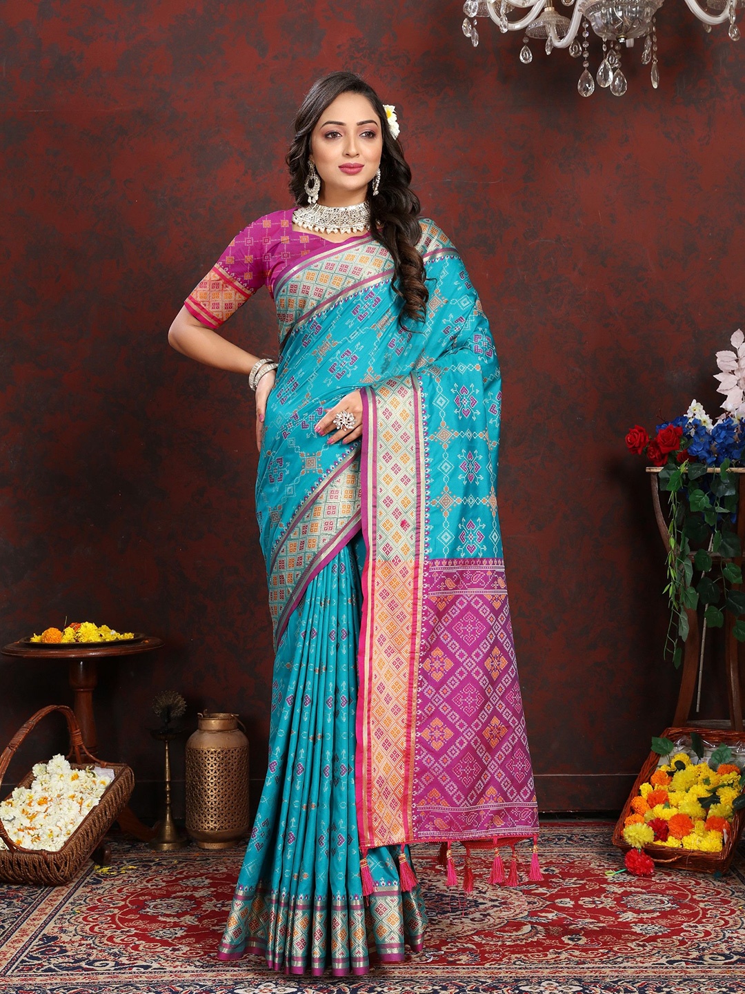 

Anaita Woven Design Zari Silk Blend Patola Saree, Turquoise blue