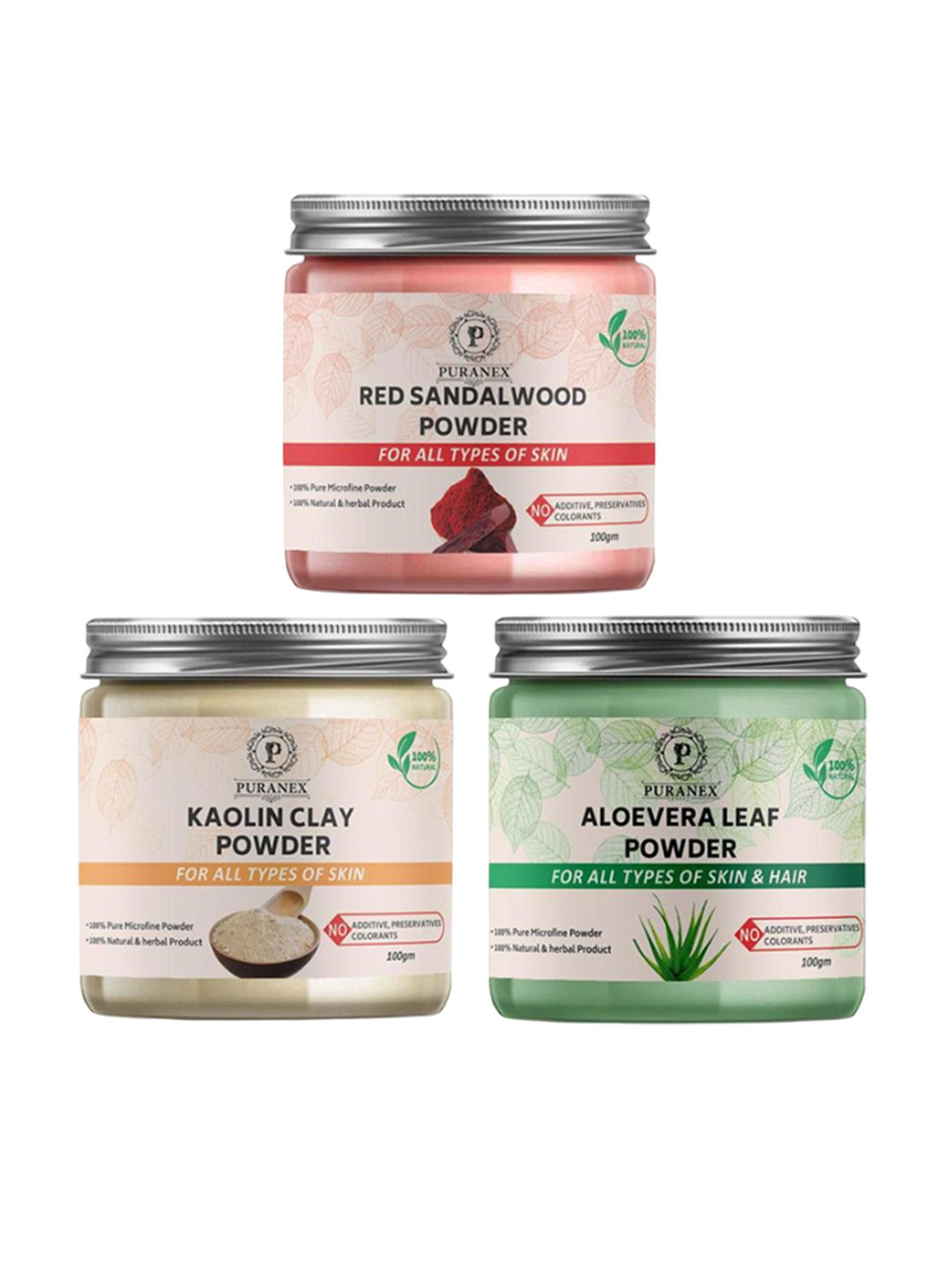 

Puranex Set Of 3 Red Sandal Wood - Aloevera Leaf & Kaolin Clay Powder - 100 gm Each, White