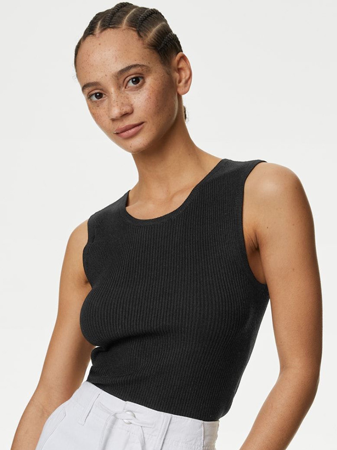

Marks & Spencer Women Knitted Sleeveless Round Neck Top, Black