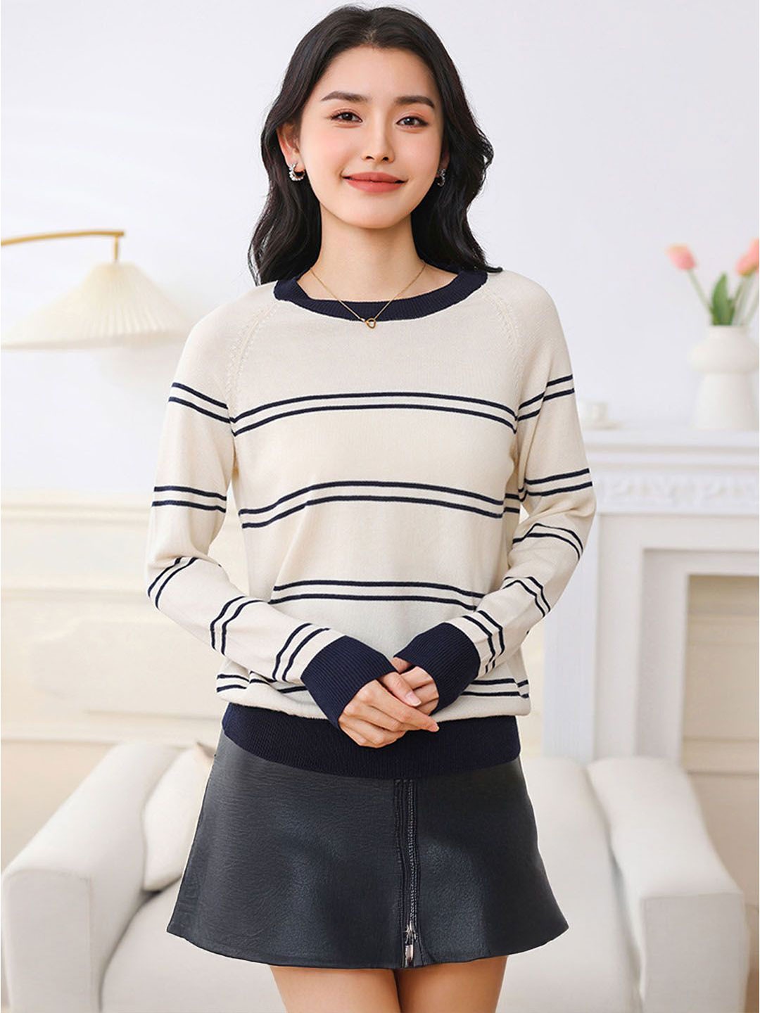 

StyleCast Women Striped Pullover Sweater, White