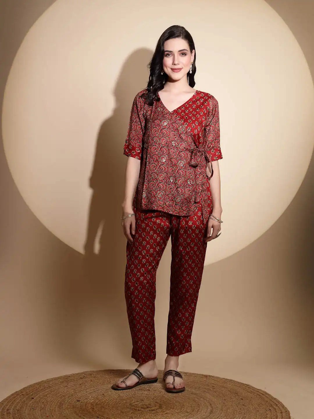 

Me&I Ethnic Motifs Printed Angrakha Sequinned Top with Trouser, Red