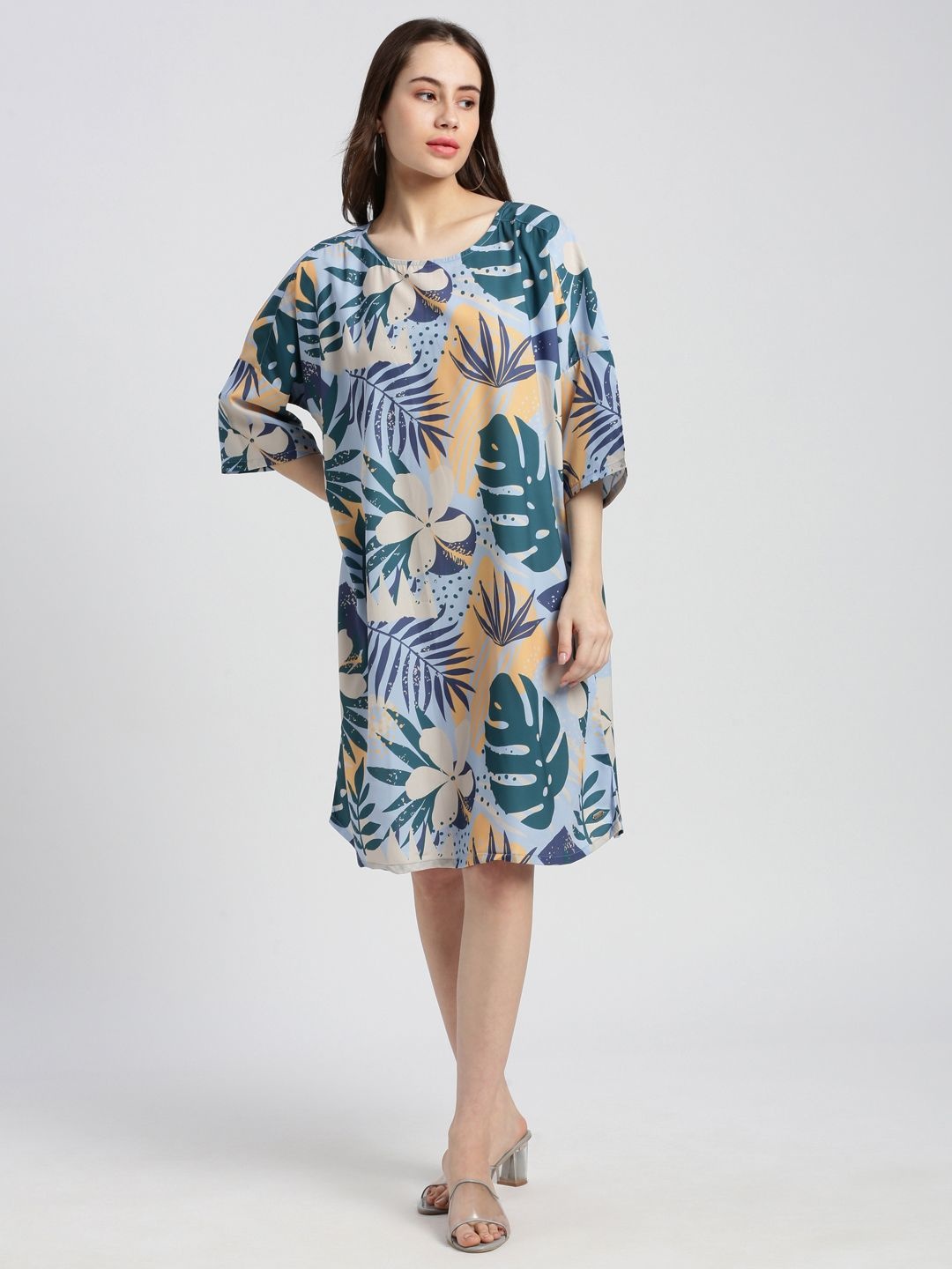 

Grit and Flair Women Tropical Printed A-Line Dress, Blue