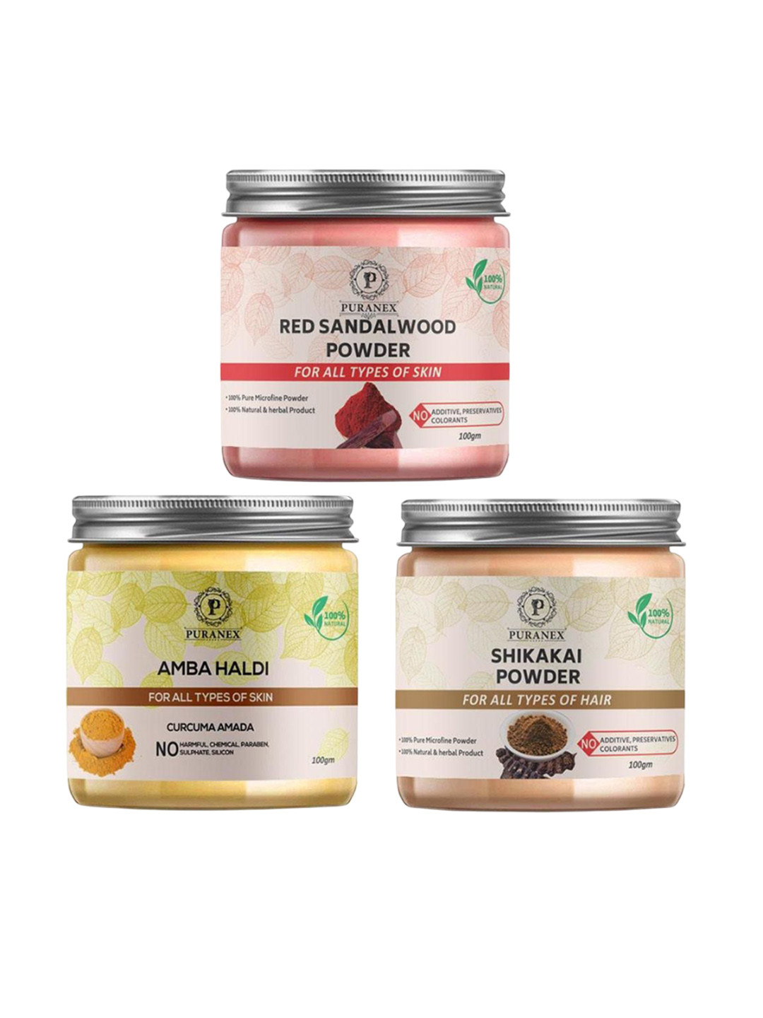 

Puranex Set Of 3 Red Sandal Wood- Amba Haldi & Shikakai For Skin & Hair - 100 g Each, Pink