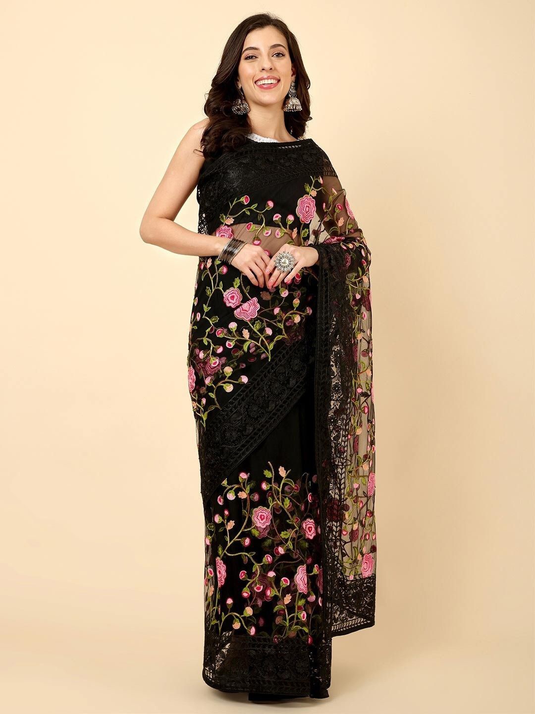 

JULEE Ethnic Motifs Embroidered Net Saree, Black
