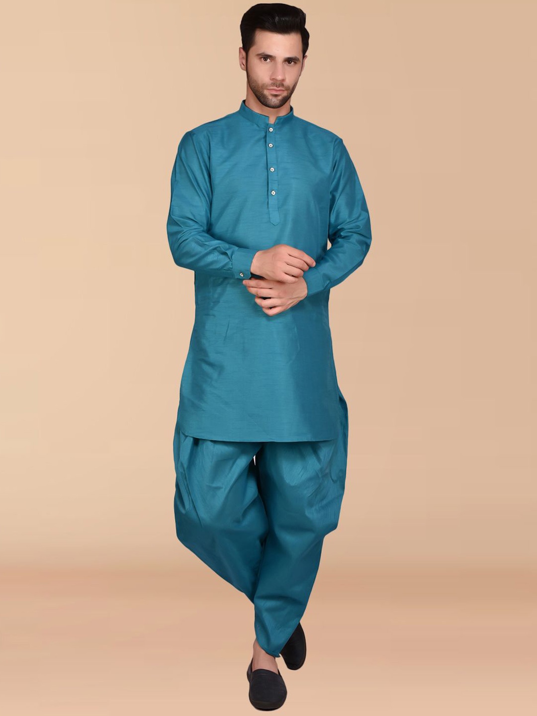 

PRINTINDIA Mandarin Collar Pure Silk Straight Kurta with Harem Pants, Blue