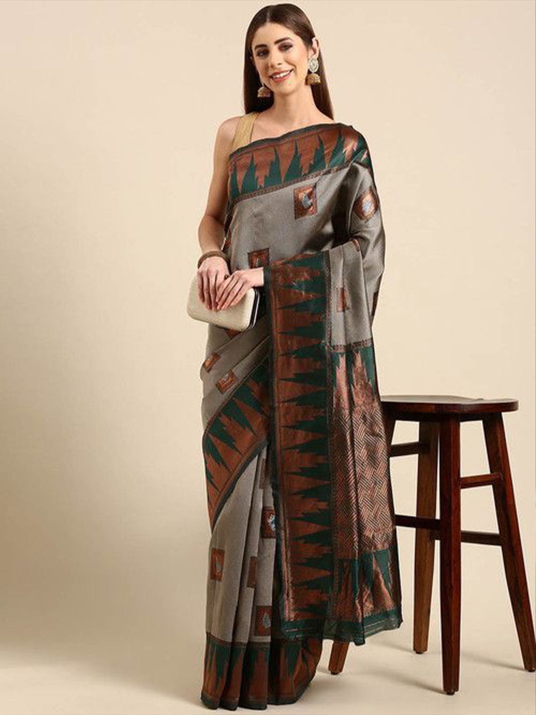 

Fashion Booms Ethnic Motifs Zari Pure Silk Banarasi Saree, Grey