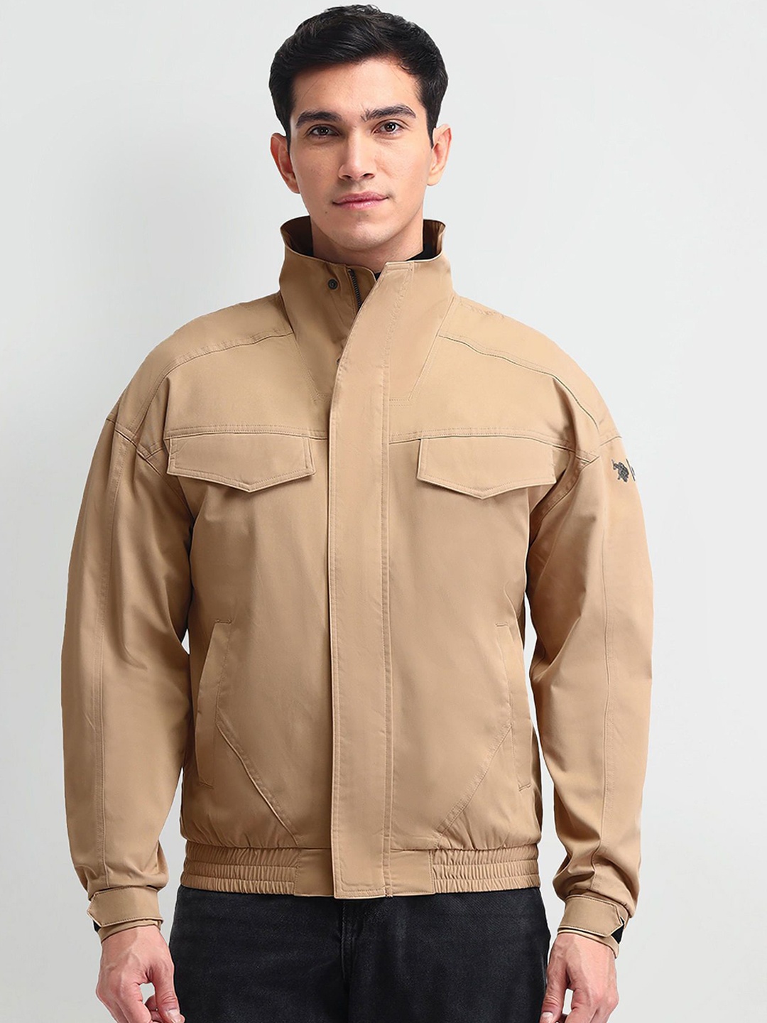 

U.S. Polo Assn. Denim Co. Men Mock Collar Solid Casual Bomber Jacket, Brown