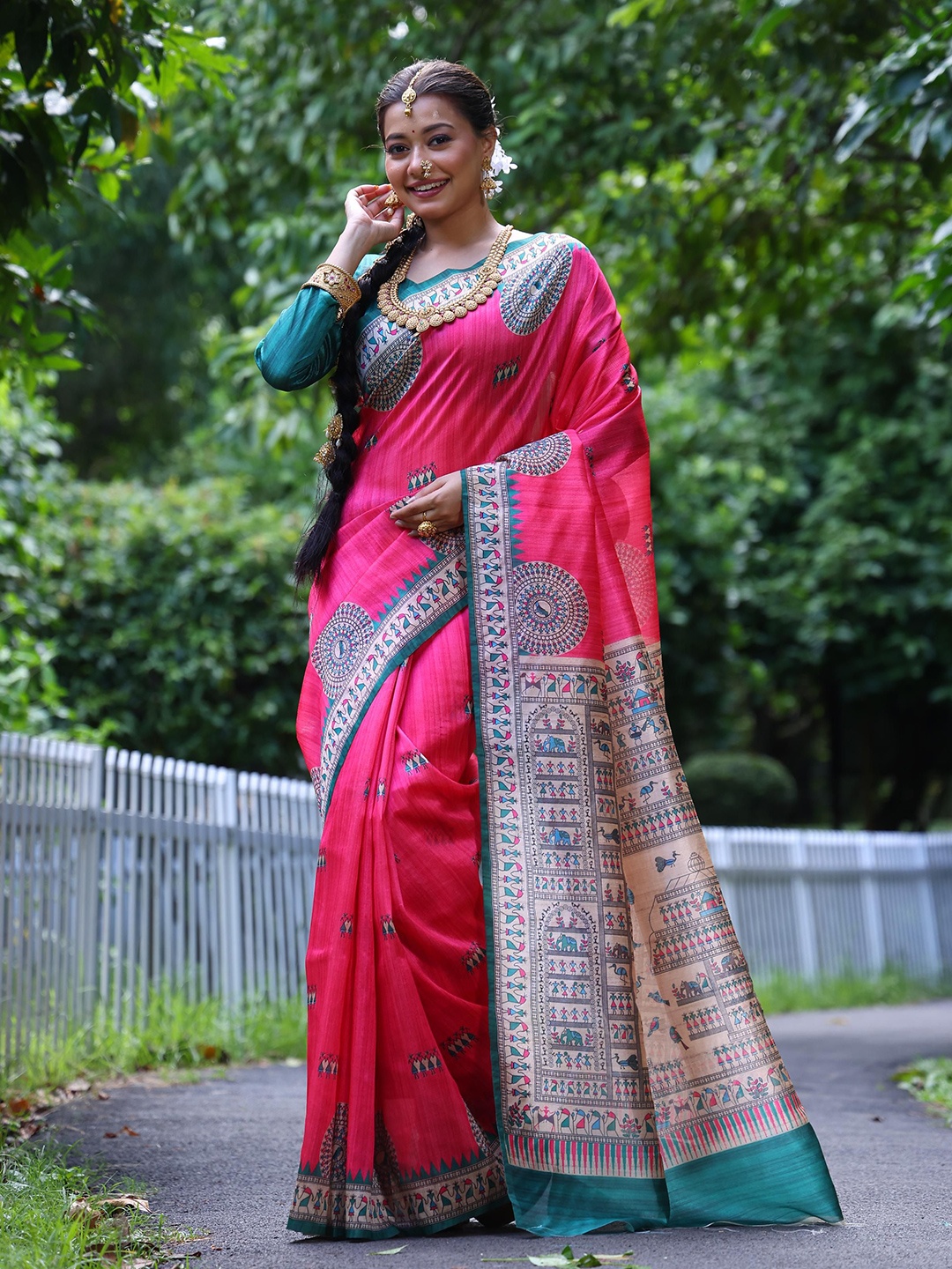 

Kandora Ethnic Motifs Pure Silk Tussar Saree, Pink
