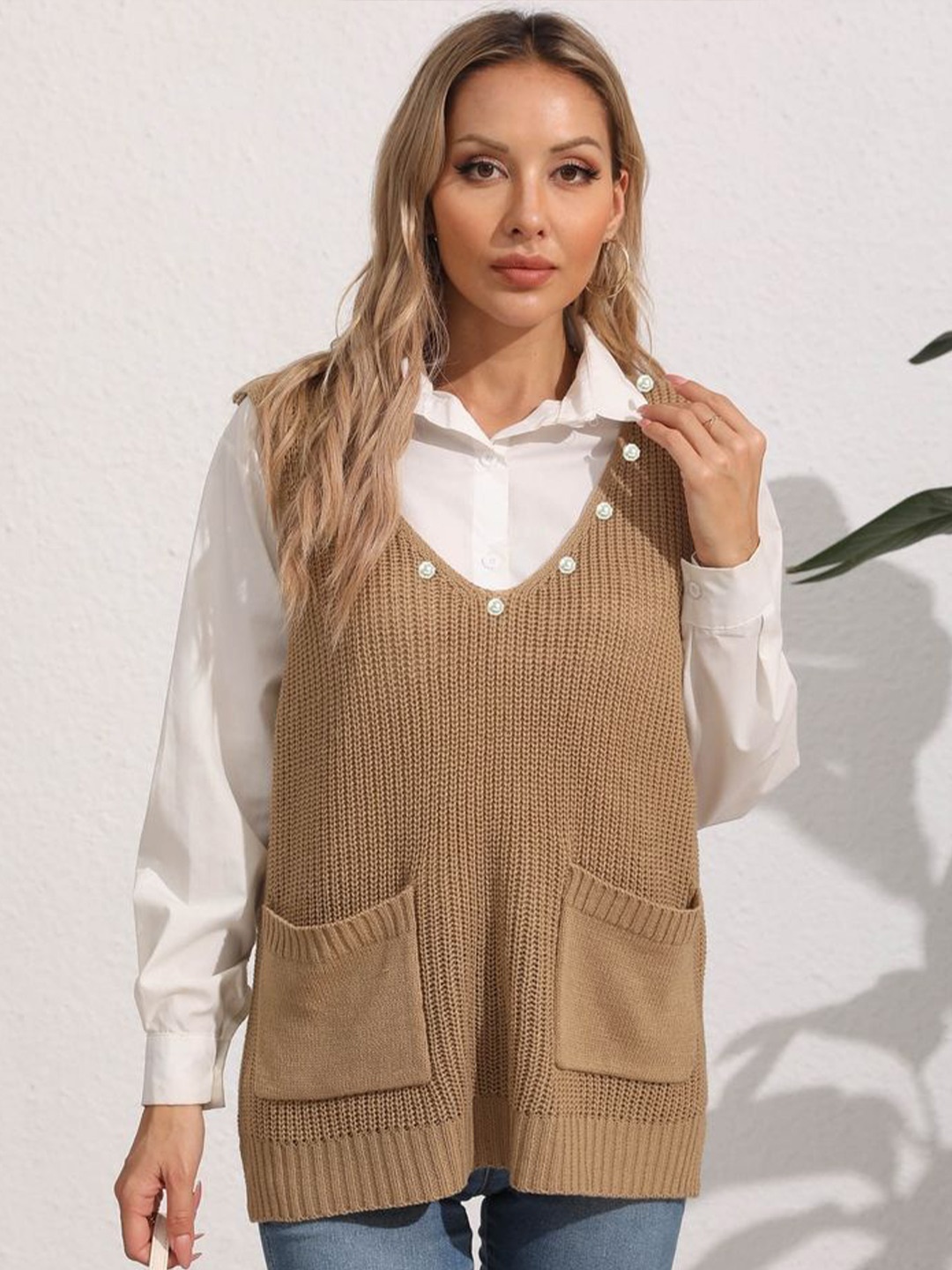 

LULU & SKY Women Sweater Vest with Embellished Detail, Khaki