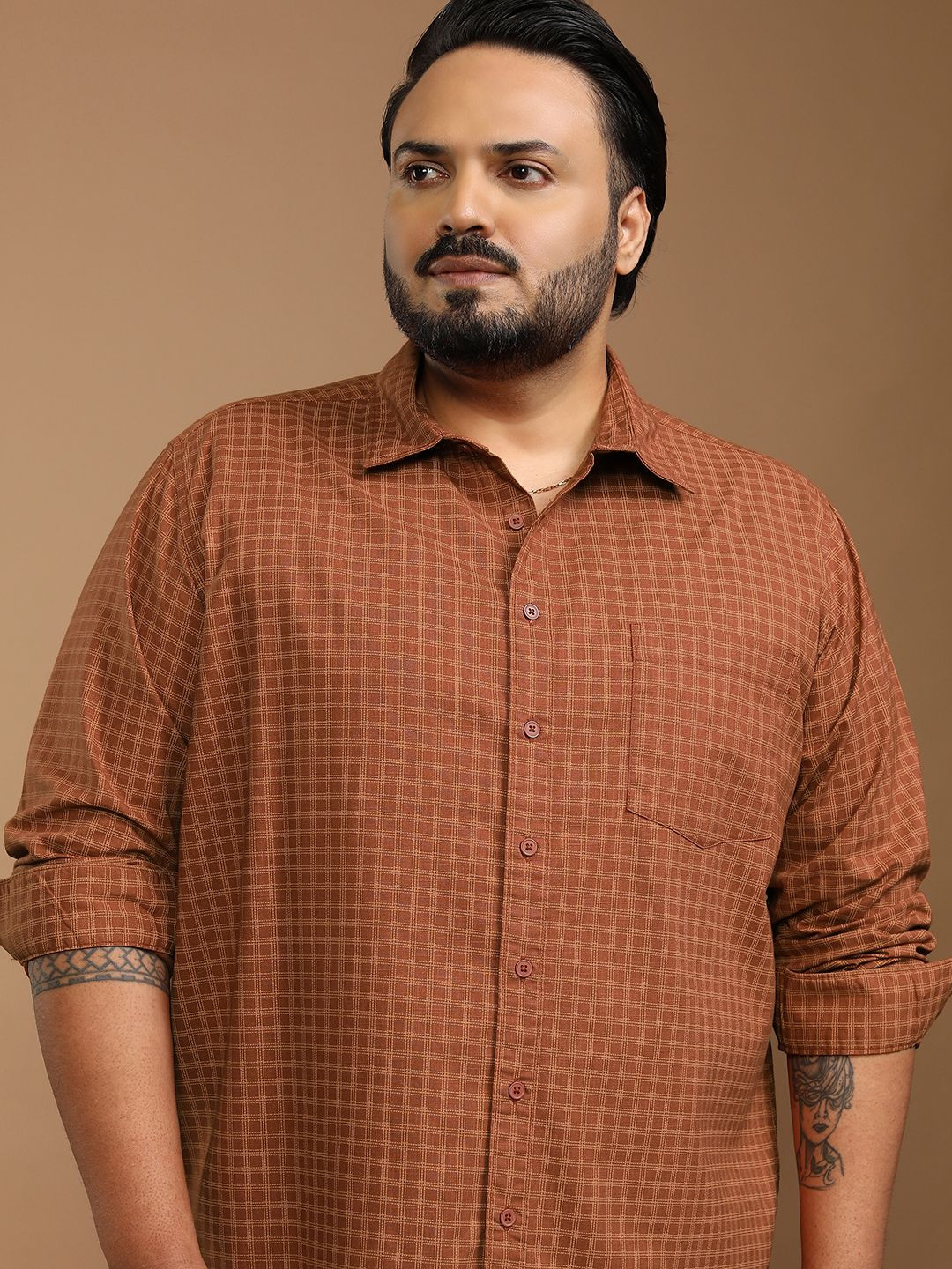 

HIGHLANDER Men Checked Spread Collar Plus Size Cotton Shirt, Rust