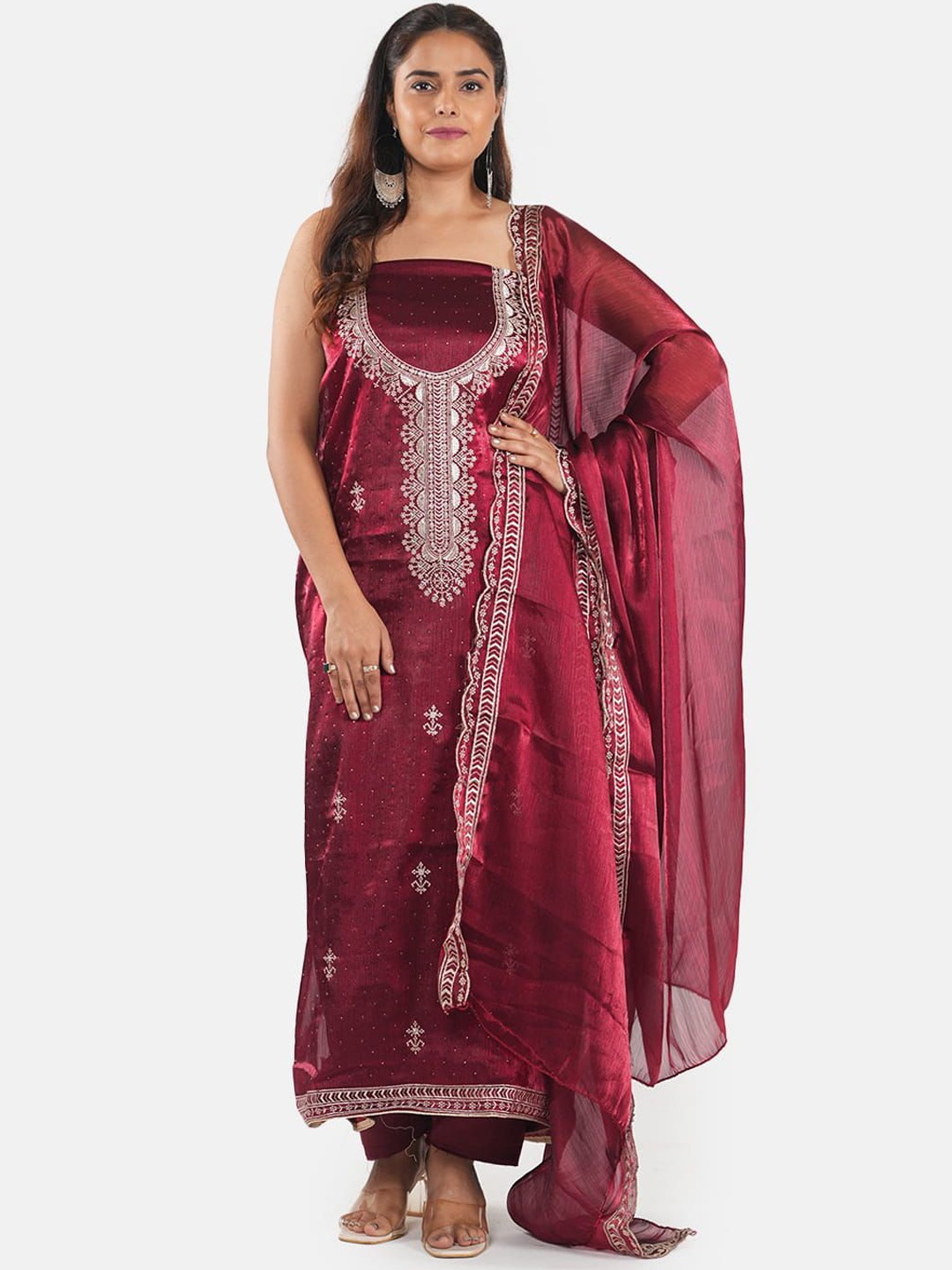 

MOZAFIA Embroidered Zari Art Silk Unstitched Dress Material, Maroon