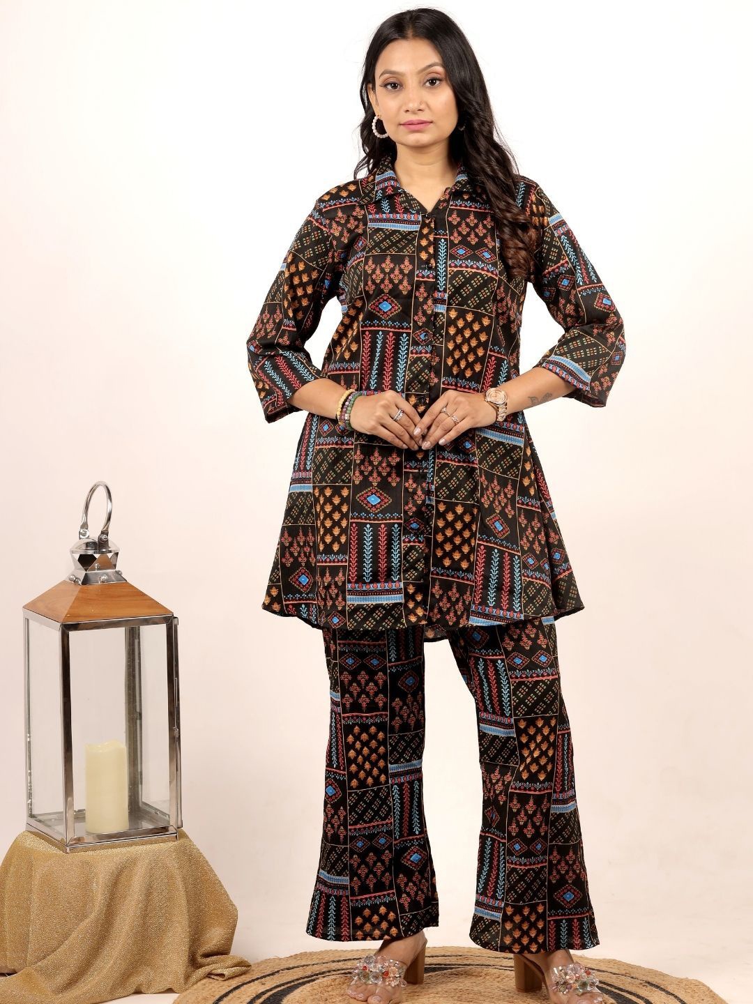 

NIJANAND TEXTILE Shirt Collar Printed Pure Cotton Top With Trousers, Black