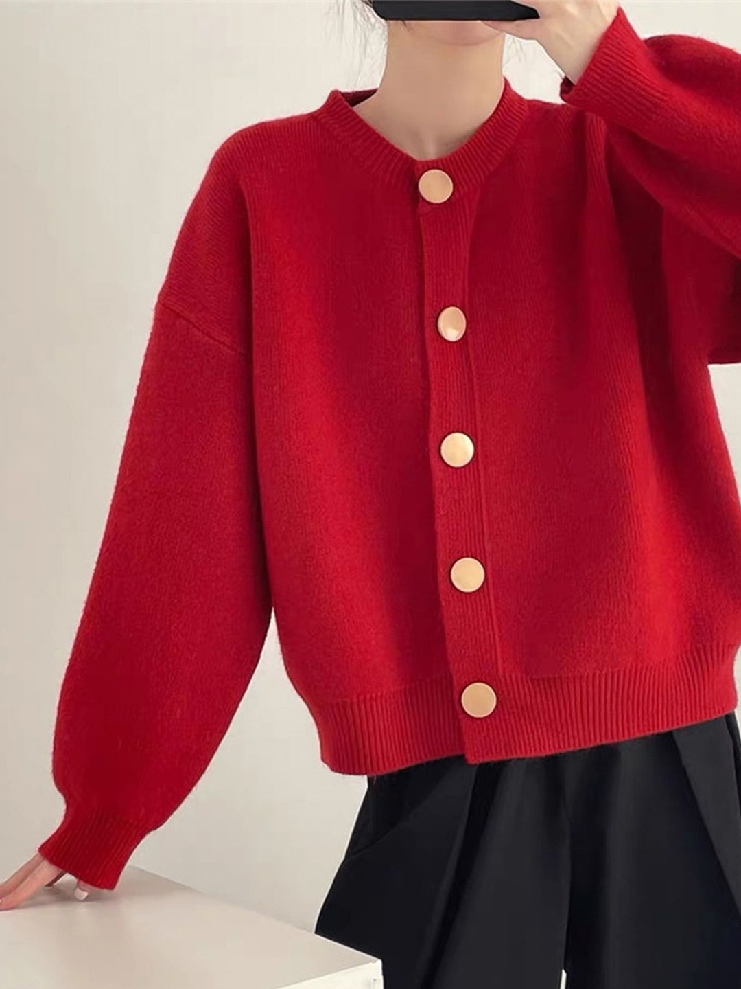 

LULU & SKY Women Round Neck Cardigan Sweaters, Red