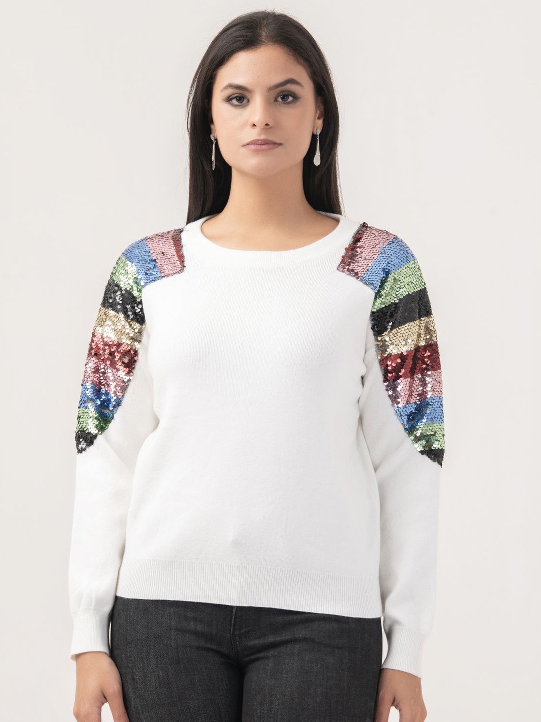 

Albion By CnM Women Pullover Sweater with Embellished Detail, White