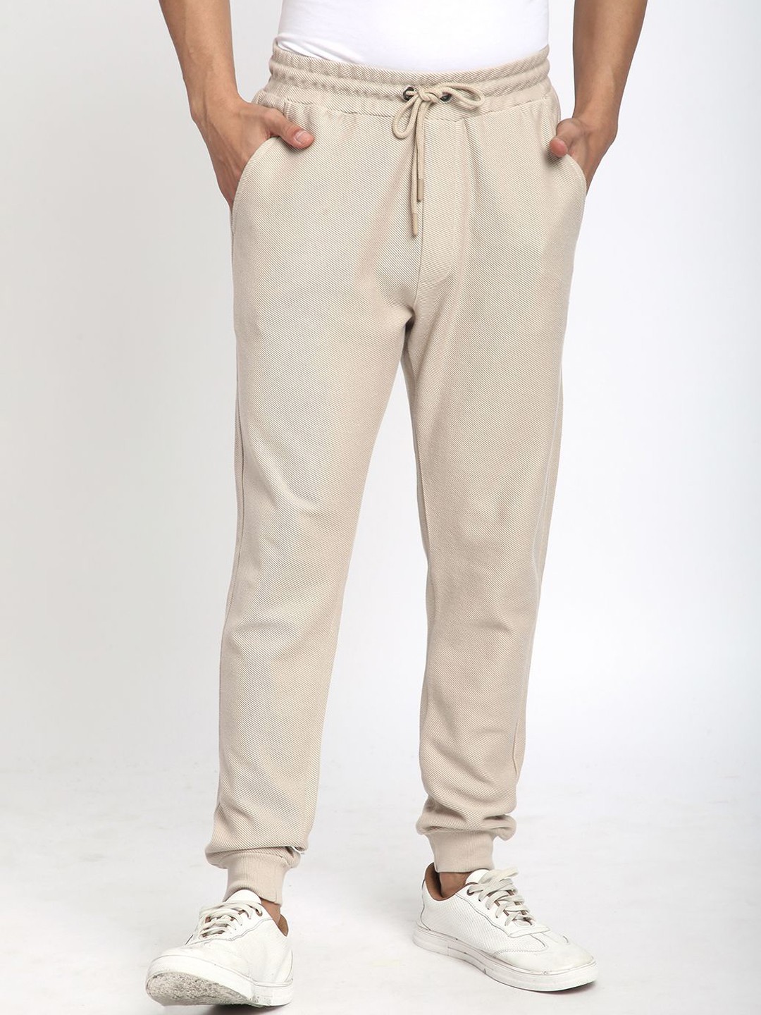 

R&B Men Pure Cotton Mid-Rise Joggers, Beige