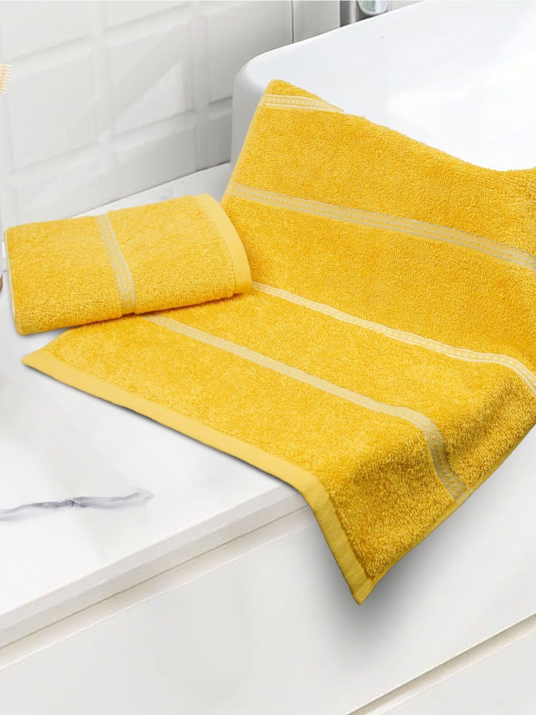 

MYTRIDENT Yellow & White 2 Pieces Striped 450 GSM Pure Cotton Hand Towels