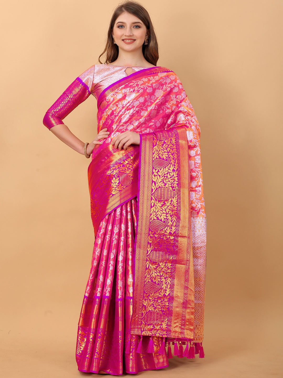 

Anaita Floral Woven Design Zari Banarasi Saree, Pink