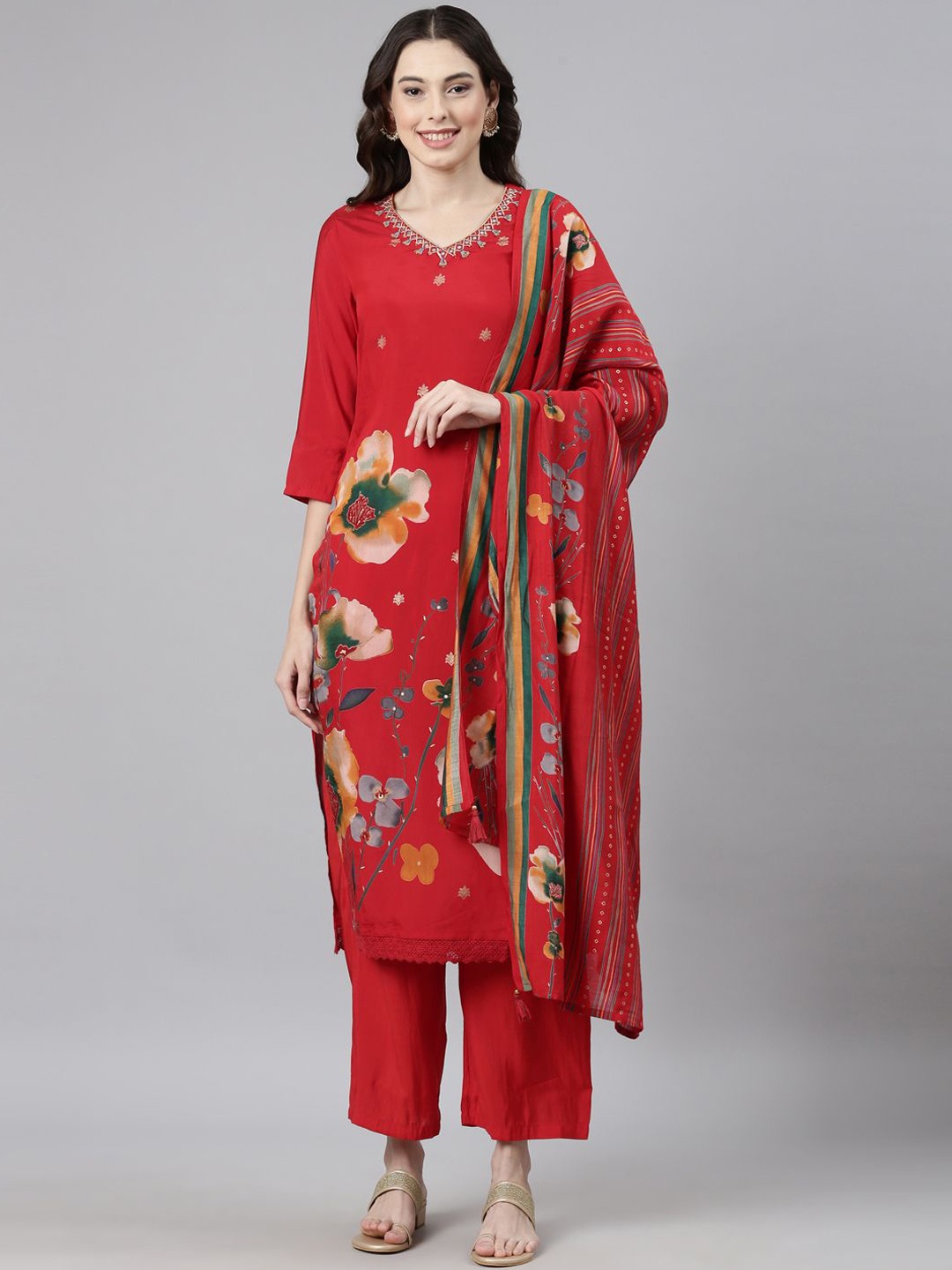 

Neerus Floral Printed Thread Work Straight Kurta with Trousers & Dupatta, Red