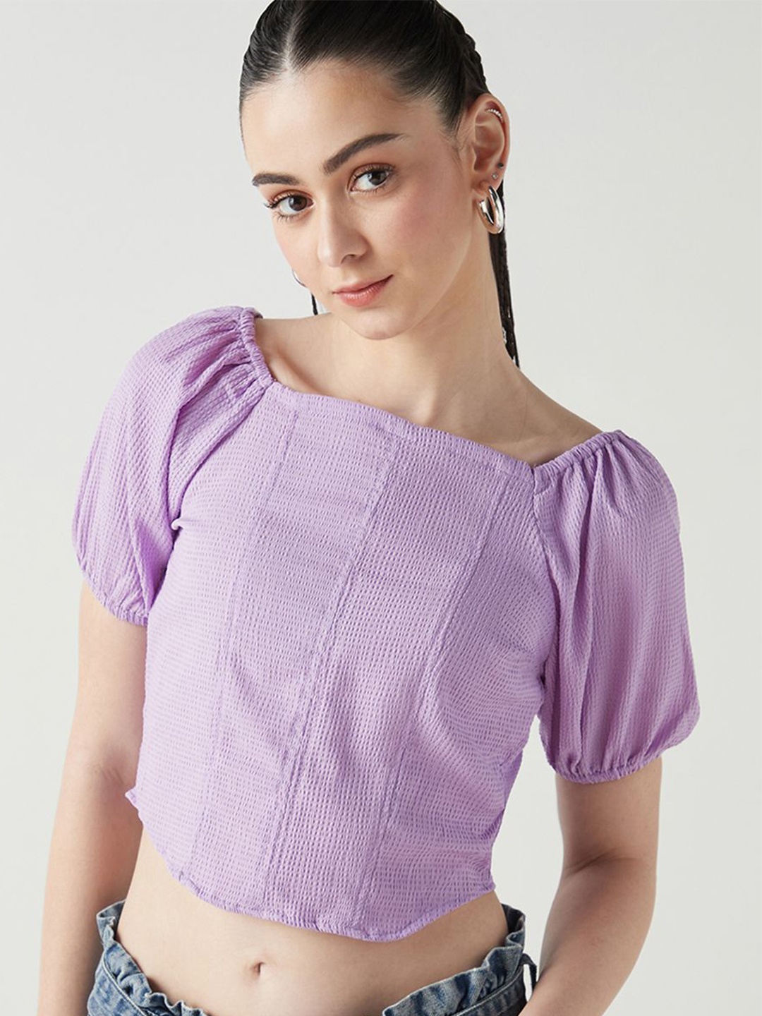 

Bewakoof Women Puff Sleeve Crop Top, Purple