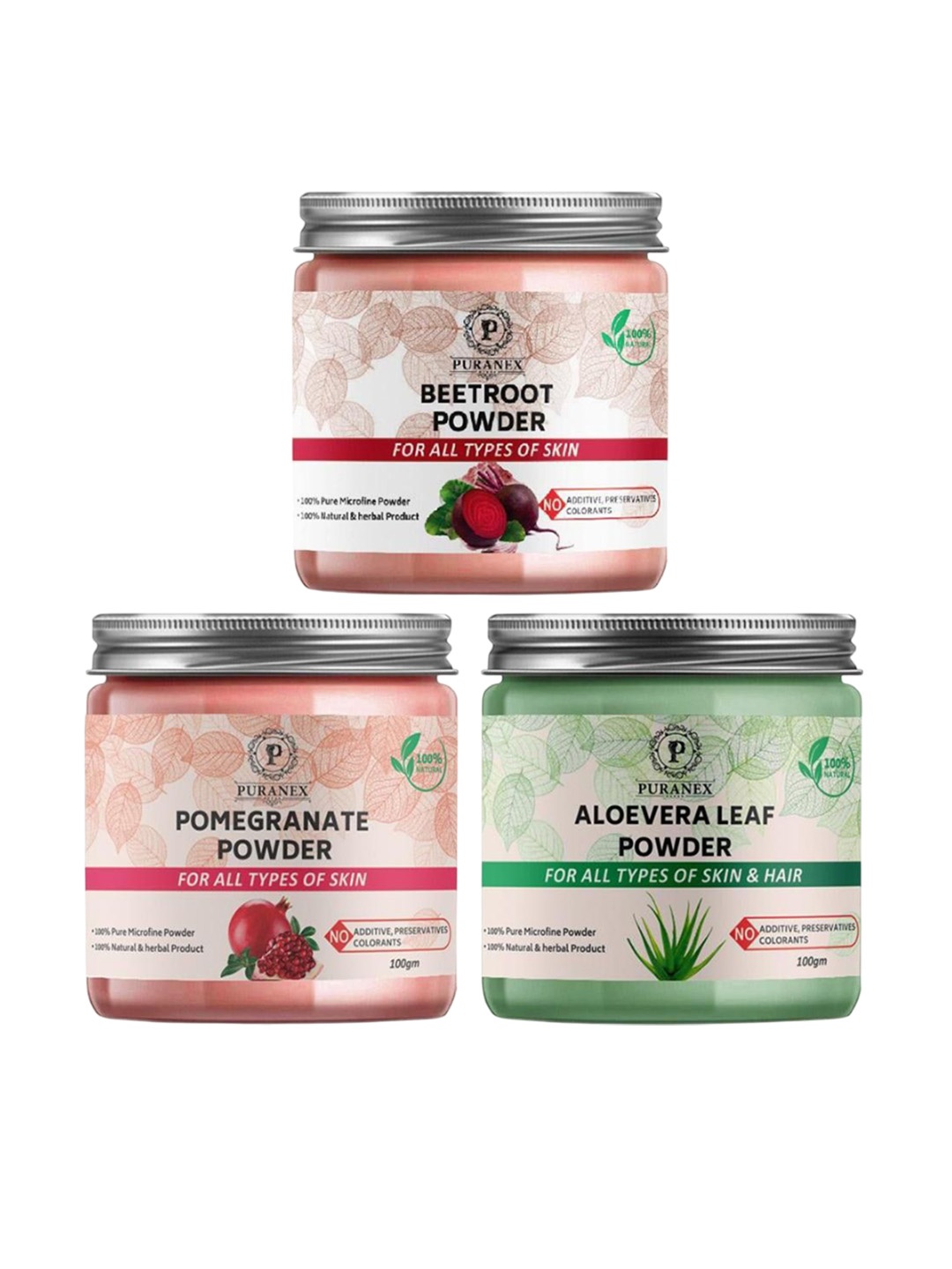 

Puranex Set Of 3 Beetroot, Pomegranate & Aloevera Skin & Hair Powder-100 g Each, White