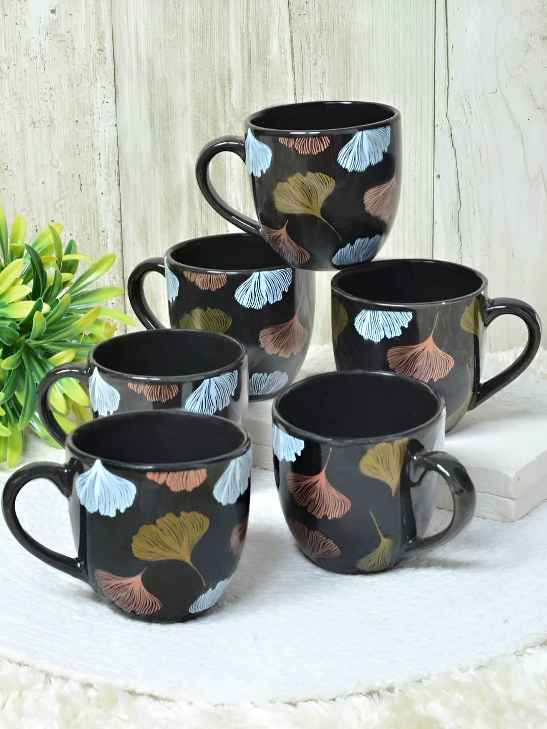 

FABINALIV Black & Blue 6 Pieces Floral Printed Ceramic Cups 120ml