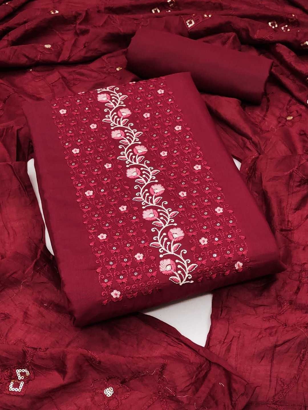 

Maroosh Floral Embroidered Sequinned Unstitched Dress Material, Maroon