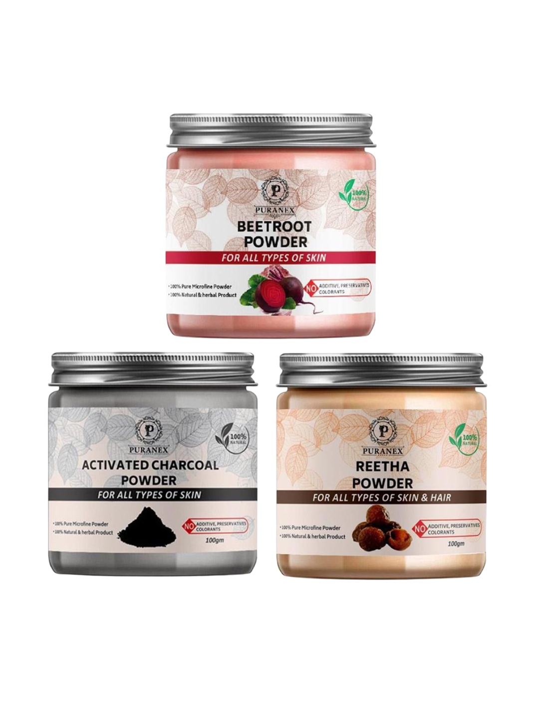 

Puranex Set Of 3 100% Natural Reetha, Charcoal & Beetroot Powder Face Pack - 100g Each, White