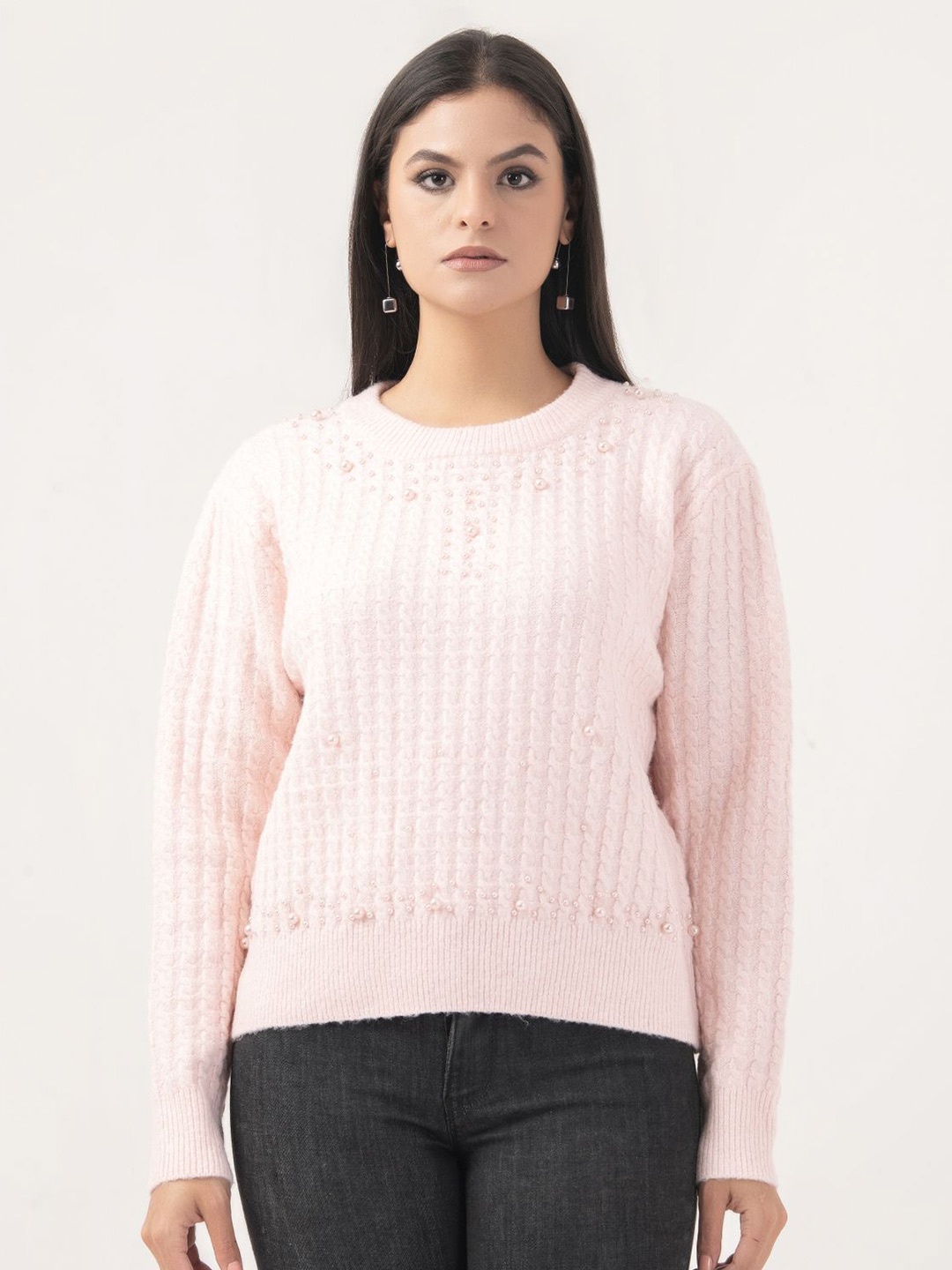 

Albion By CnM Women Ribbed Pullover Sweater with Embellished Detail, Pink