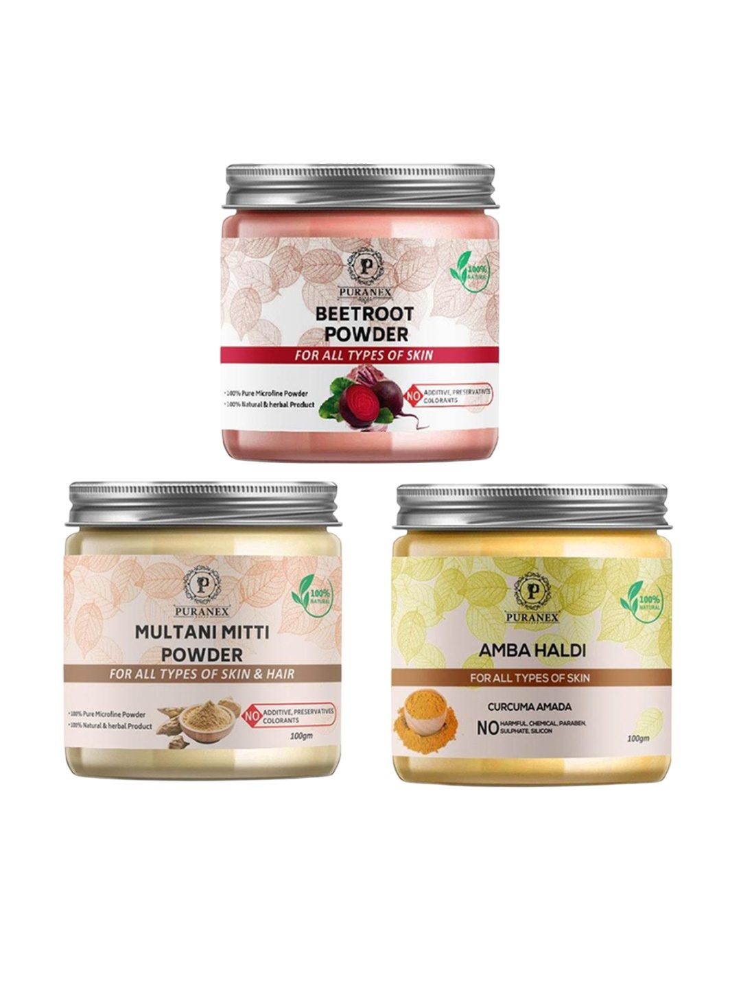 

Puranex Set Of 3 Amba Haldi, Beetroot & Multani Mitti Hair & Skin Powder -100 g Each, White