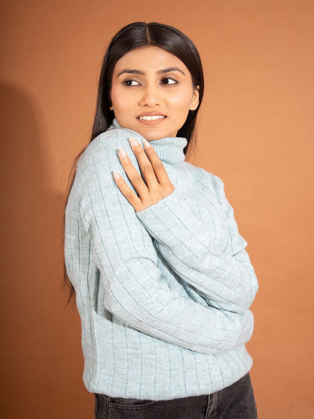 

Stylecast X Kotty Women Striped Turtle Neck Pullover, Grey