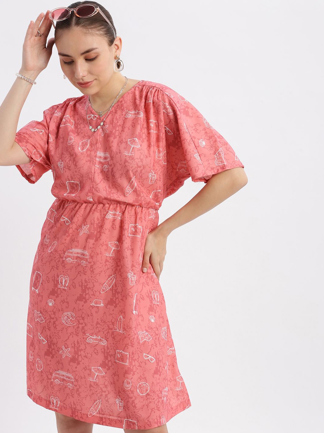

Grit and Flair Women Printed Above Knee Batwing Sleeves Blouson Dress, Pink
