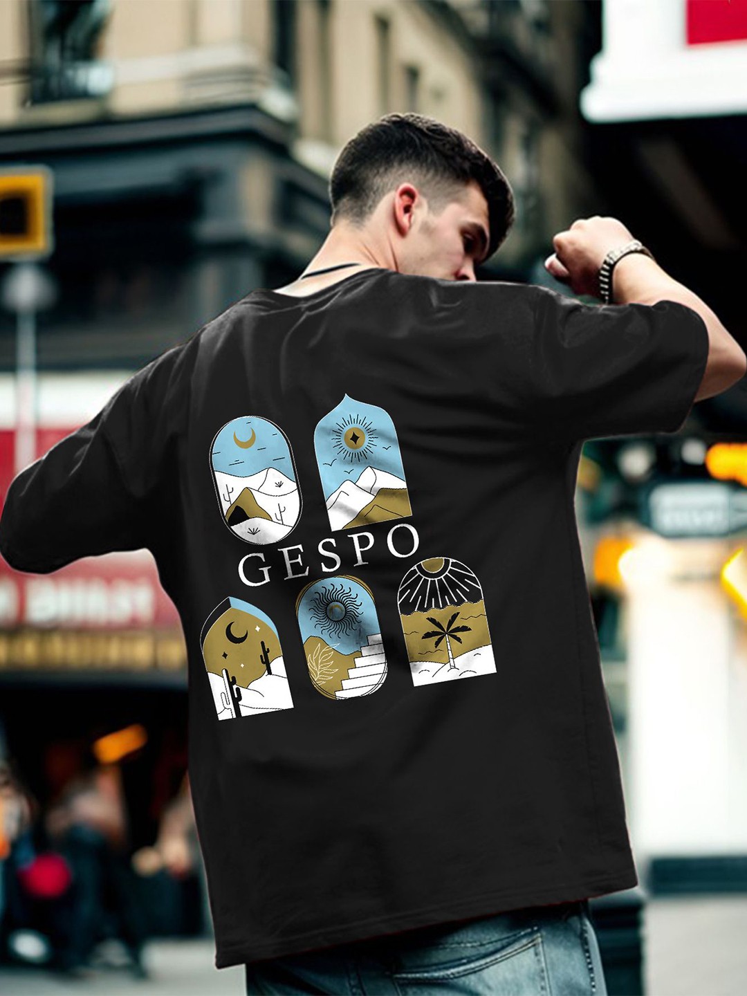 

GESPO Men Graphic Printed Pure Cotton Oversized T-shirt, Black