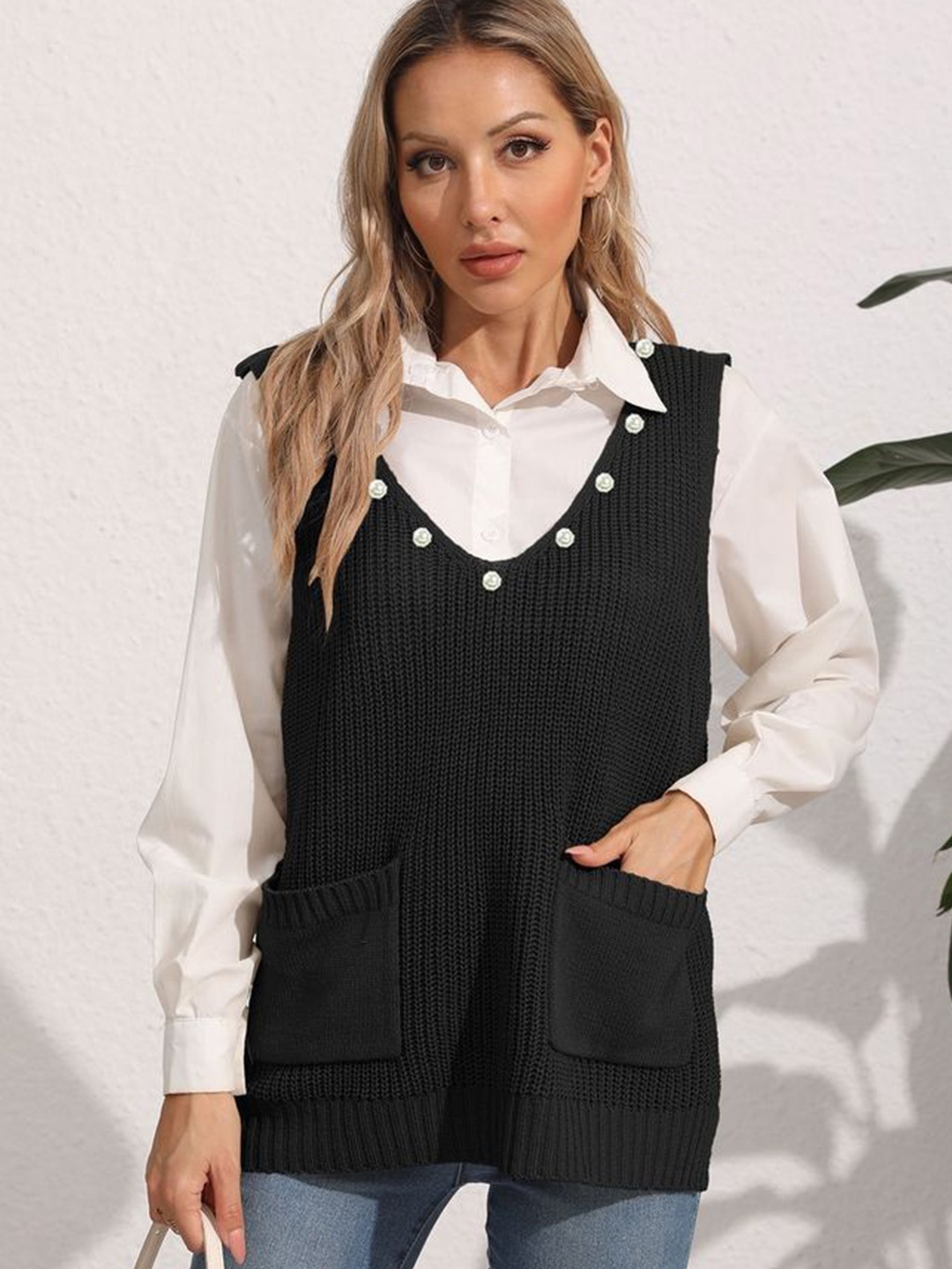 

LULU & SKY Women Patch Pocket Vest Sweaters, Black
