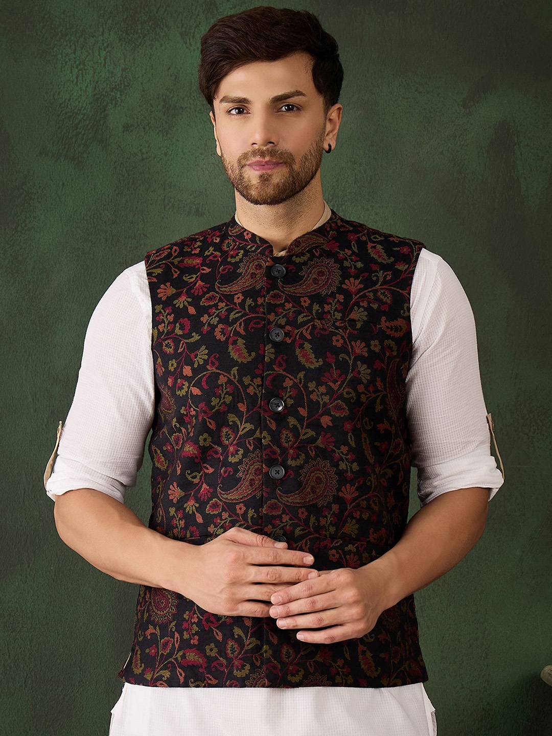 

Sangria Men Woven Design Winter Pashmina Nehru Jacket, Black