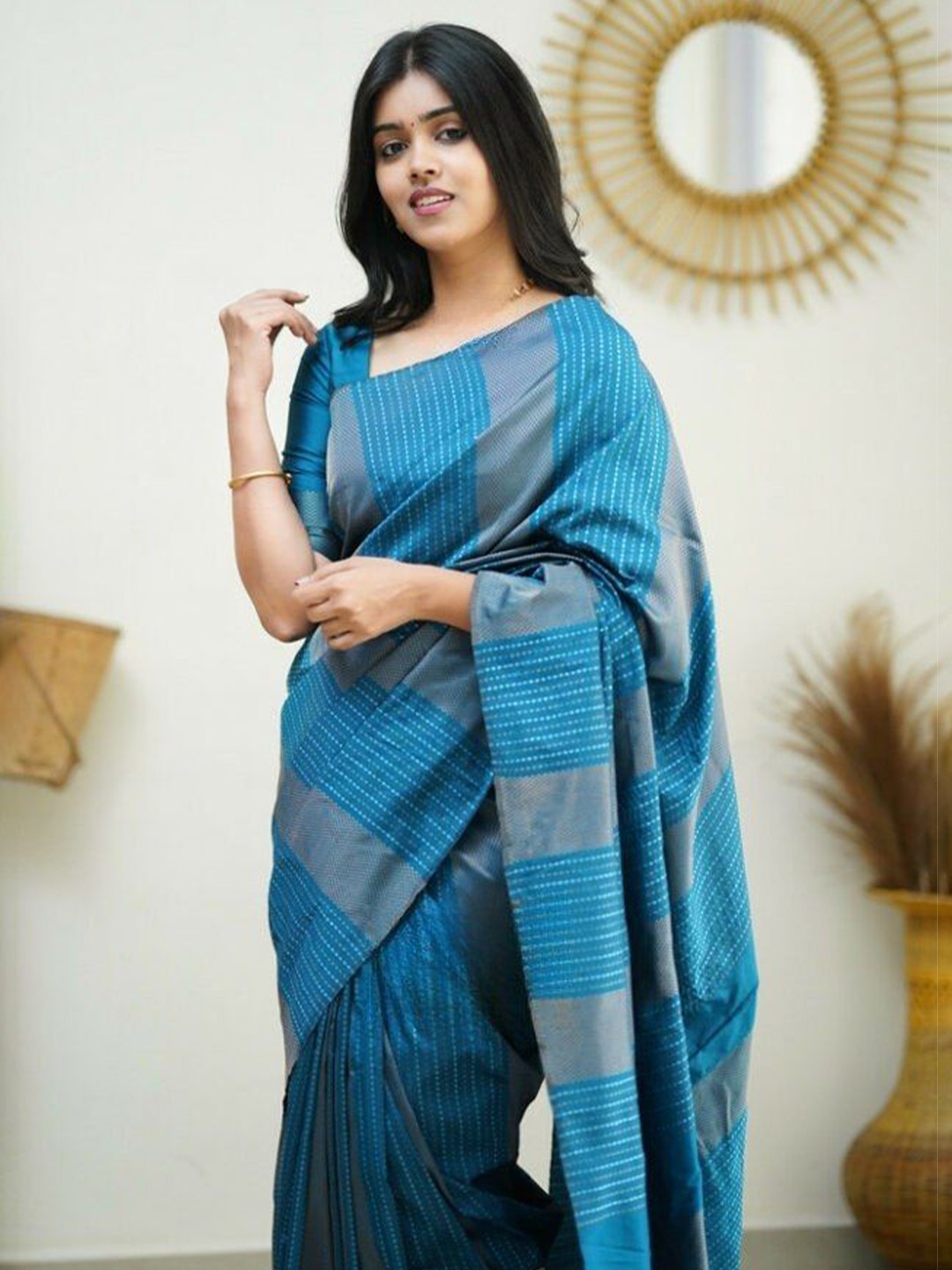 

Fashion Booms Striped Woven Design Zari Pure Silk Banarasi Saree, Blue