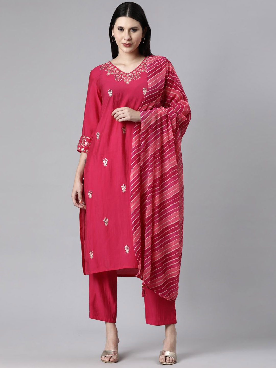 

Neerus Ethnic Motifs Embroidered Kurta with Trouser & Dupatta, Pink