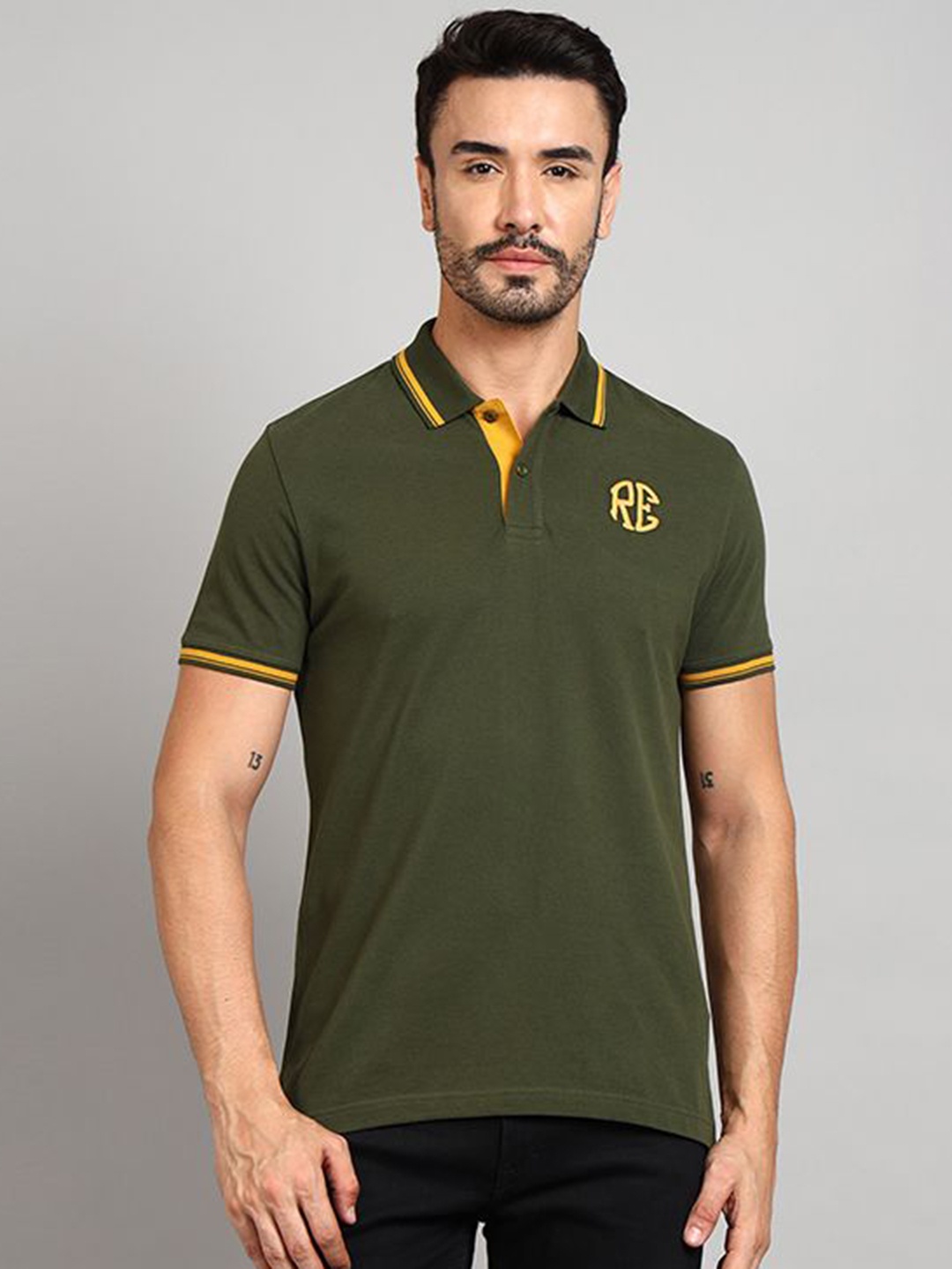 

Royal Enfield Men Solid Polo Collar Cotton T-shirt, Olive