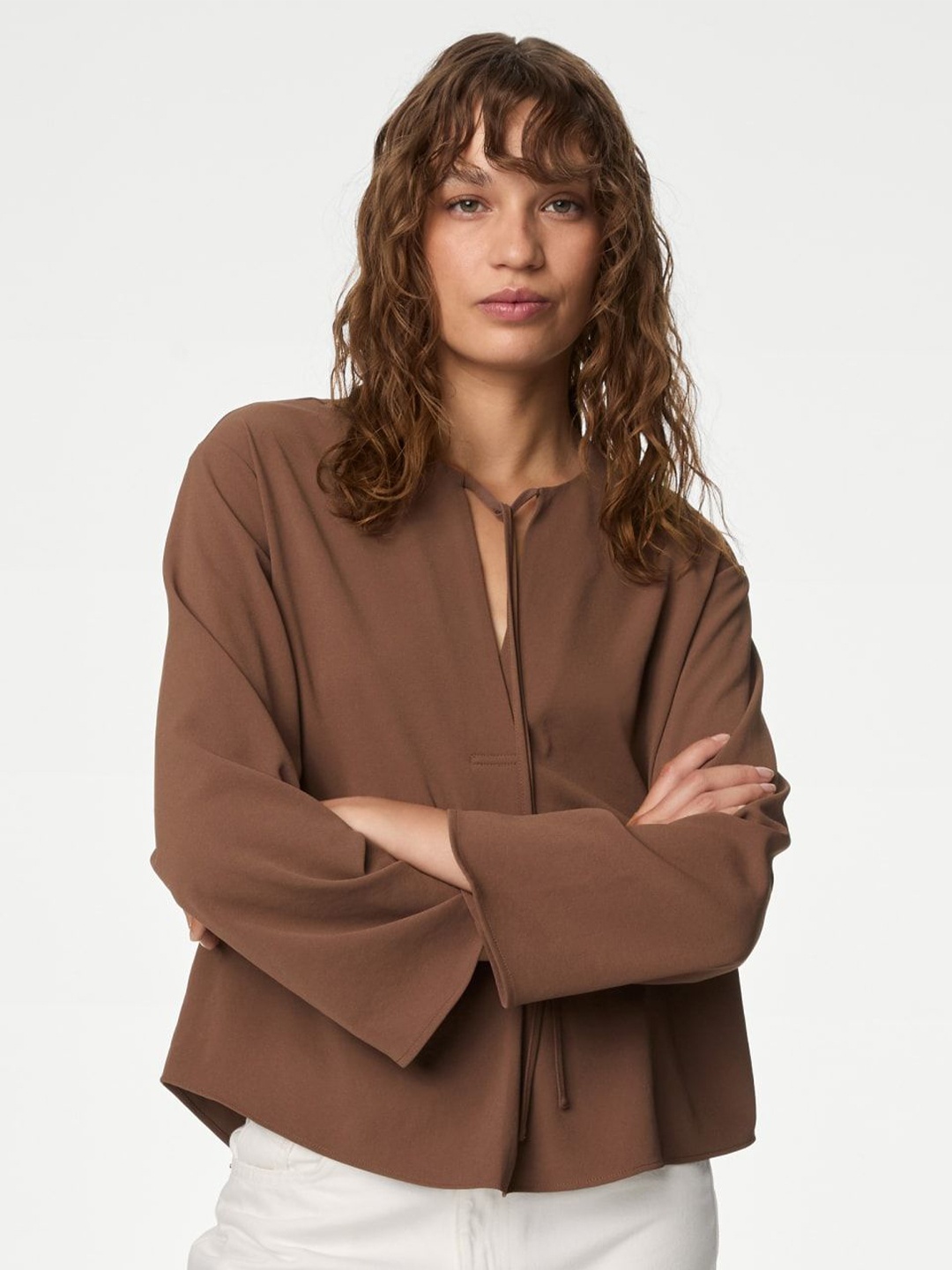 

Marks & Spencer Solid Tie-Up Neck Top, Brown