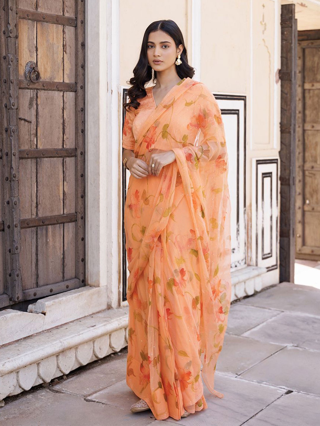 

Geroo Luxe Floral Beads and Stones Pure Chiffon Saree, Orange