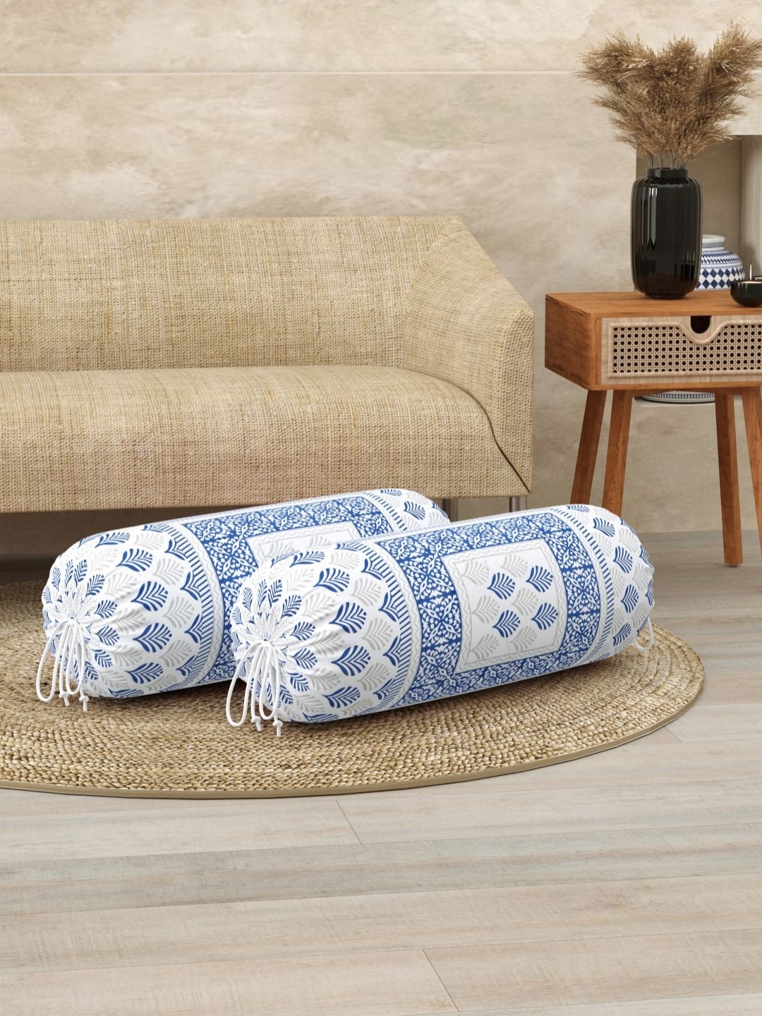

BLOCKS OF INDIA Blue & Grey 2 Pieces Floral Printed BolsterCovers