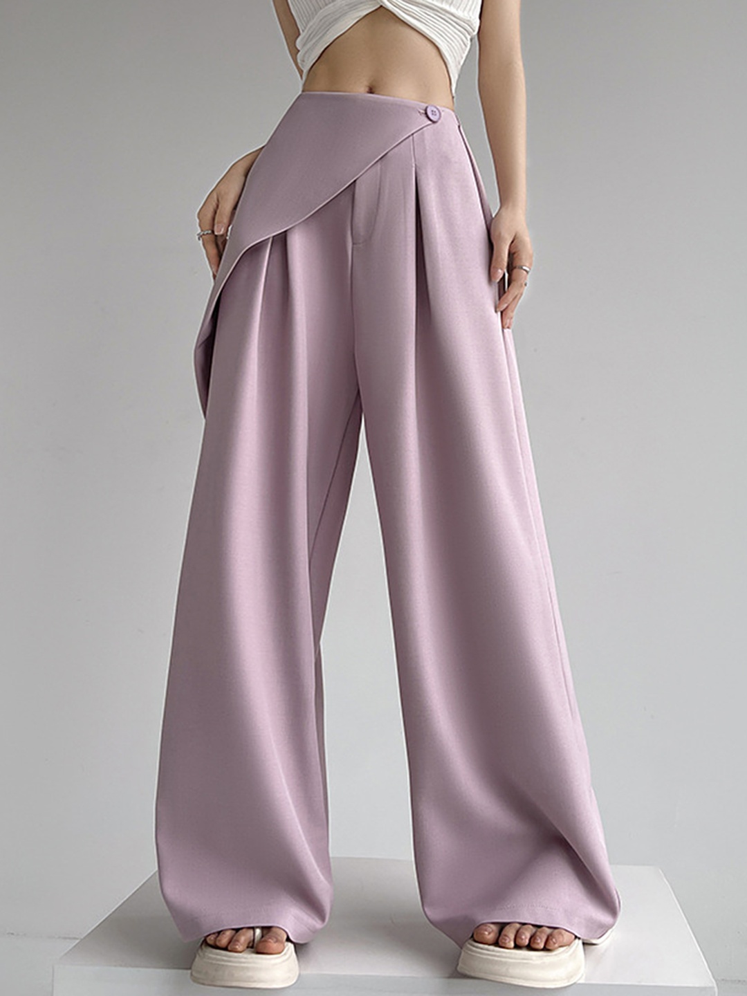 

LULU & SKY Women Loose Fit Pleated Mid Rise Parallel Trousers, Pink