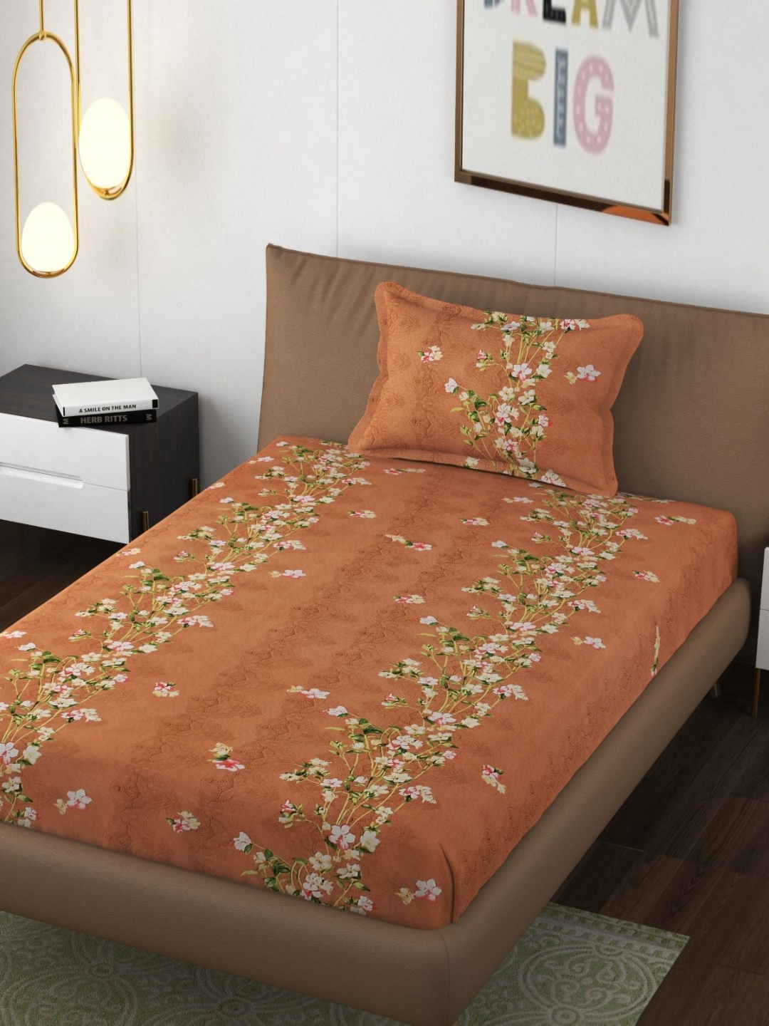 

FINE TEX WORLD Mustard & Green Floral 210 TC Single Bedsheet with 1 Pillow Covers