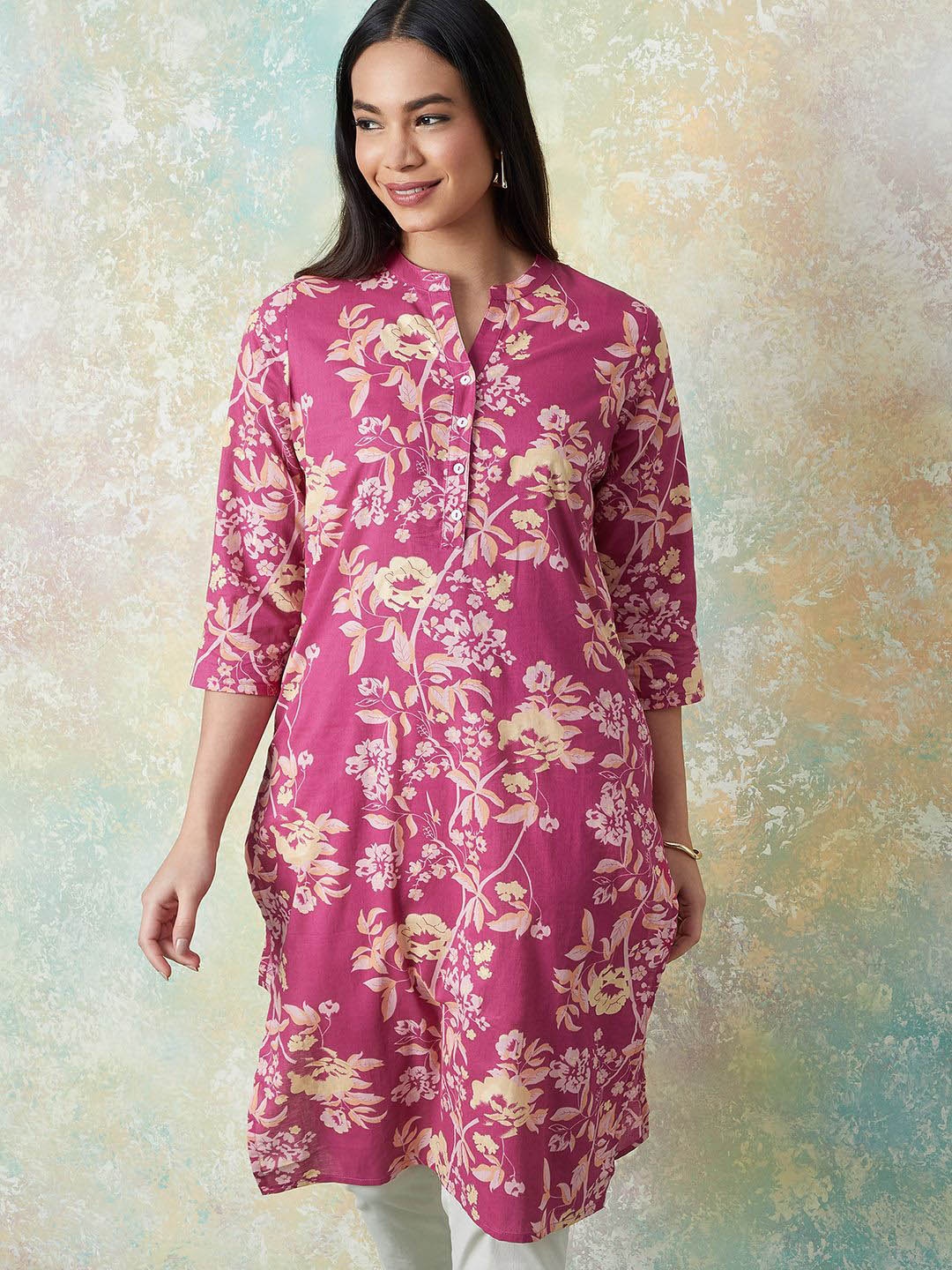 

Melange by Lifestyle Floral Printed Mandarin Collar Cotton Straight Kurta, Purple