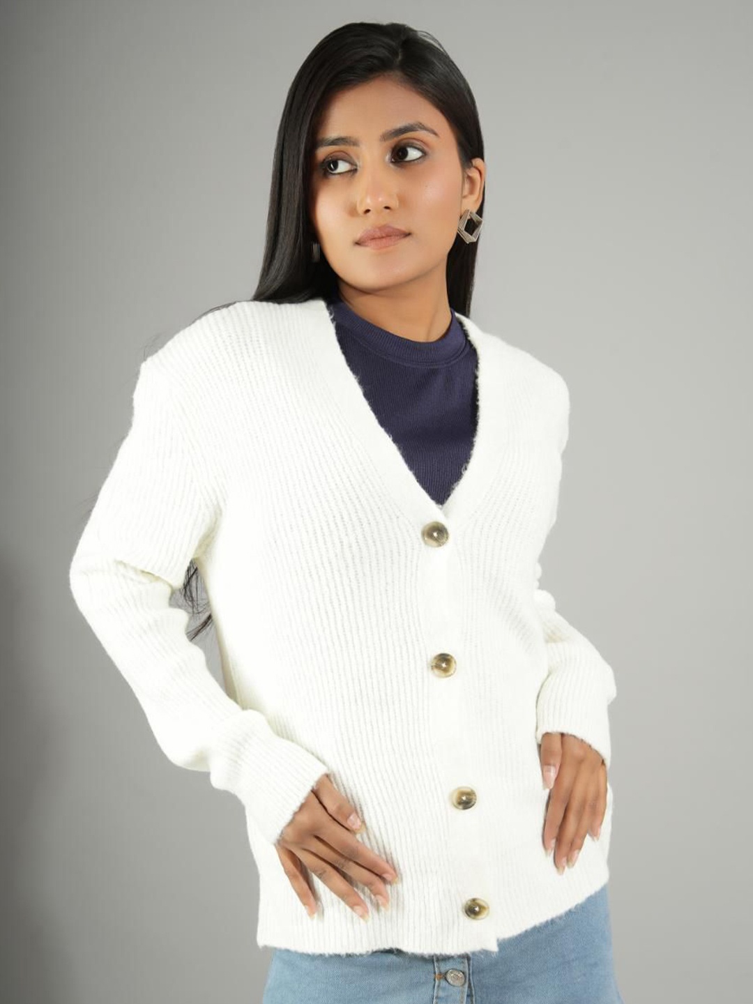 

Stylecast X Kotty Women Ribbed Cardigan Sweater, White