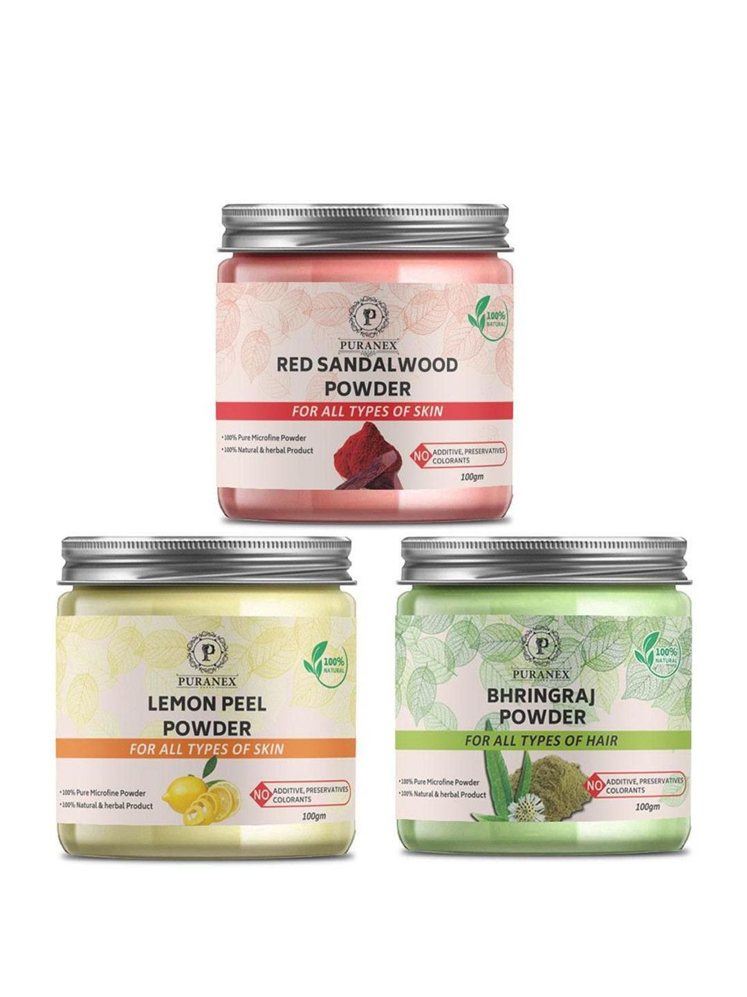 

Puranex Set Of 3 Red Sandal Wood, Lemon Peel & Bhringraj Skin & Hair Powder-100 g Each, White