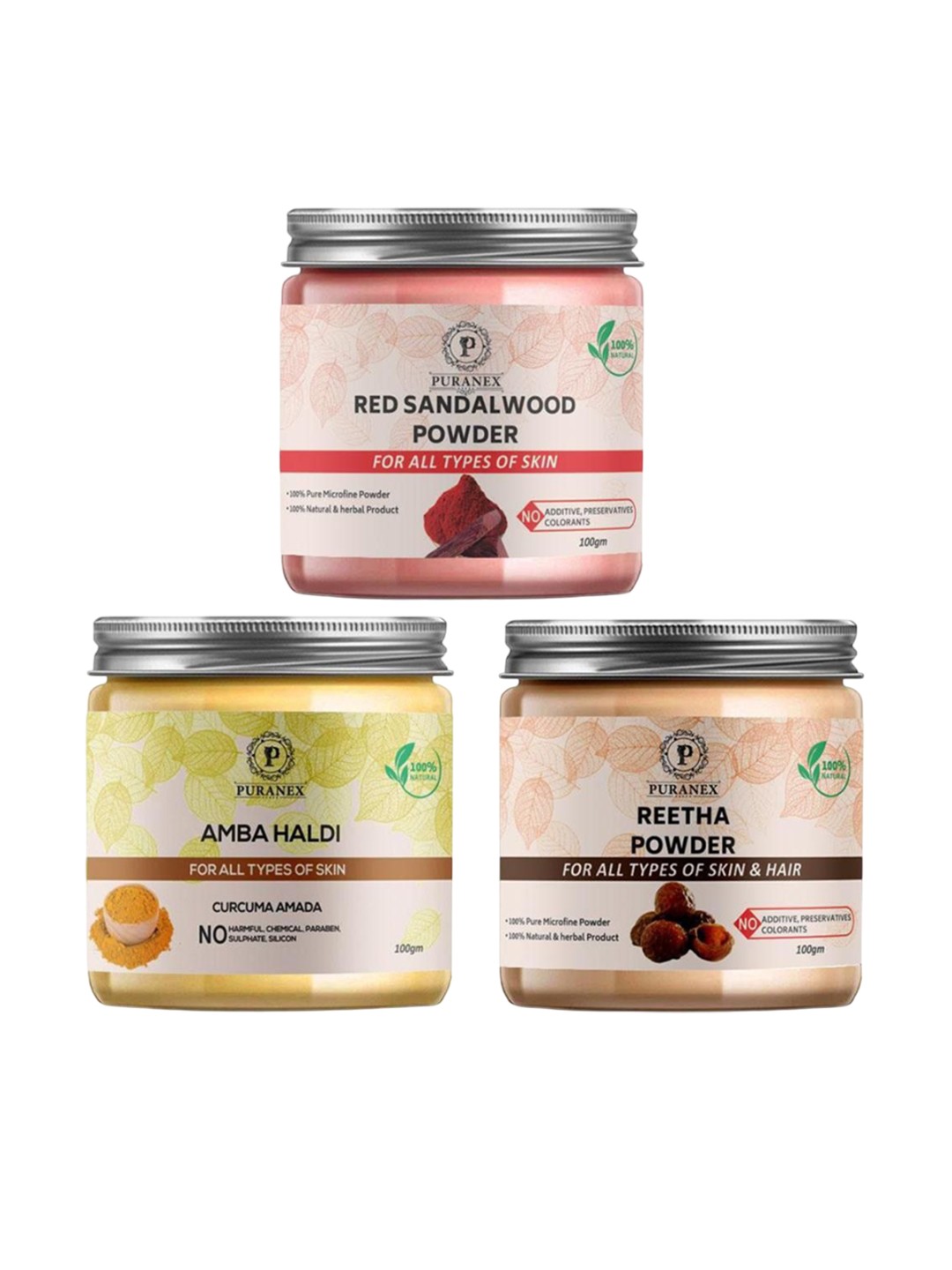 

Puranex Set Of 3 Natural Red Sandalwood - Amba Haldi & Reetha Powder - 100g Each, White