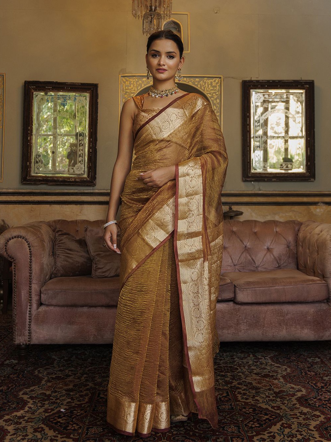 

Geroo Luxe Zari Tissue Banarasi Saree with Blouse Piece, Copper