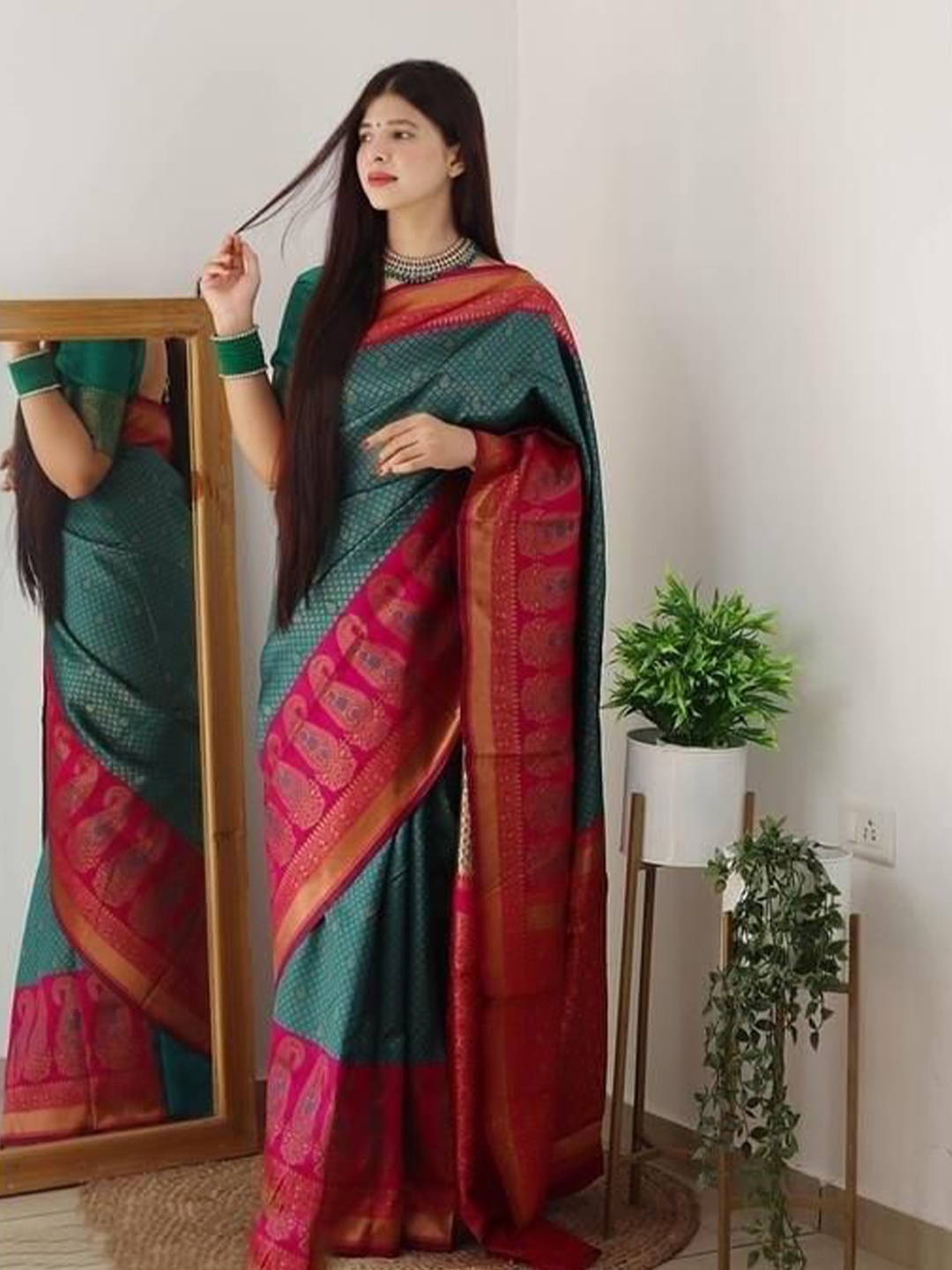 

Visit Wear Woven Design Zari Pure Silk Banarasi Saree, Teal