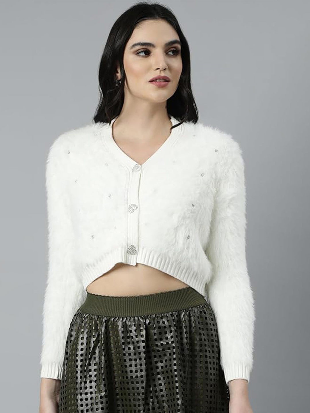 

LULU & SKY Women Faux Fur Imitation Pearl Detail Crop Cardigan, White
