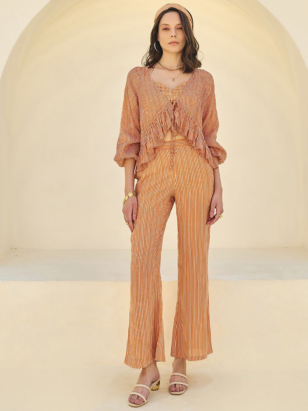 

Midsummer Striped Halter Neck Top with Trouser and Jacket, Orange